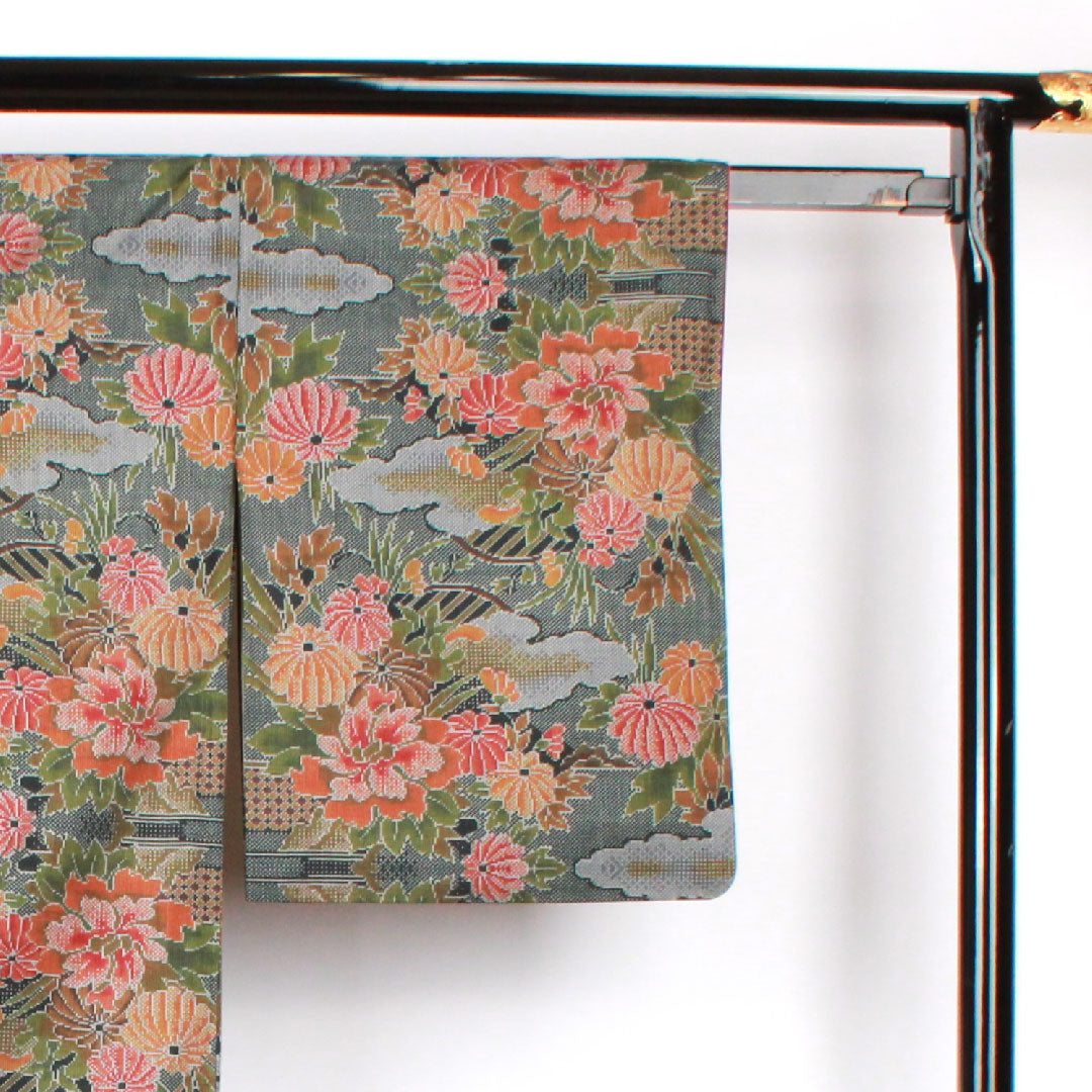 大島紬 身丈156.5cm 裄丈64.5cm 経緯絣 草花模様 正絹 Aランク 袷 緑系 1116001853319