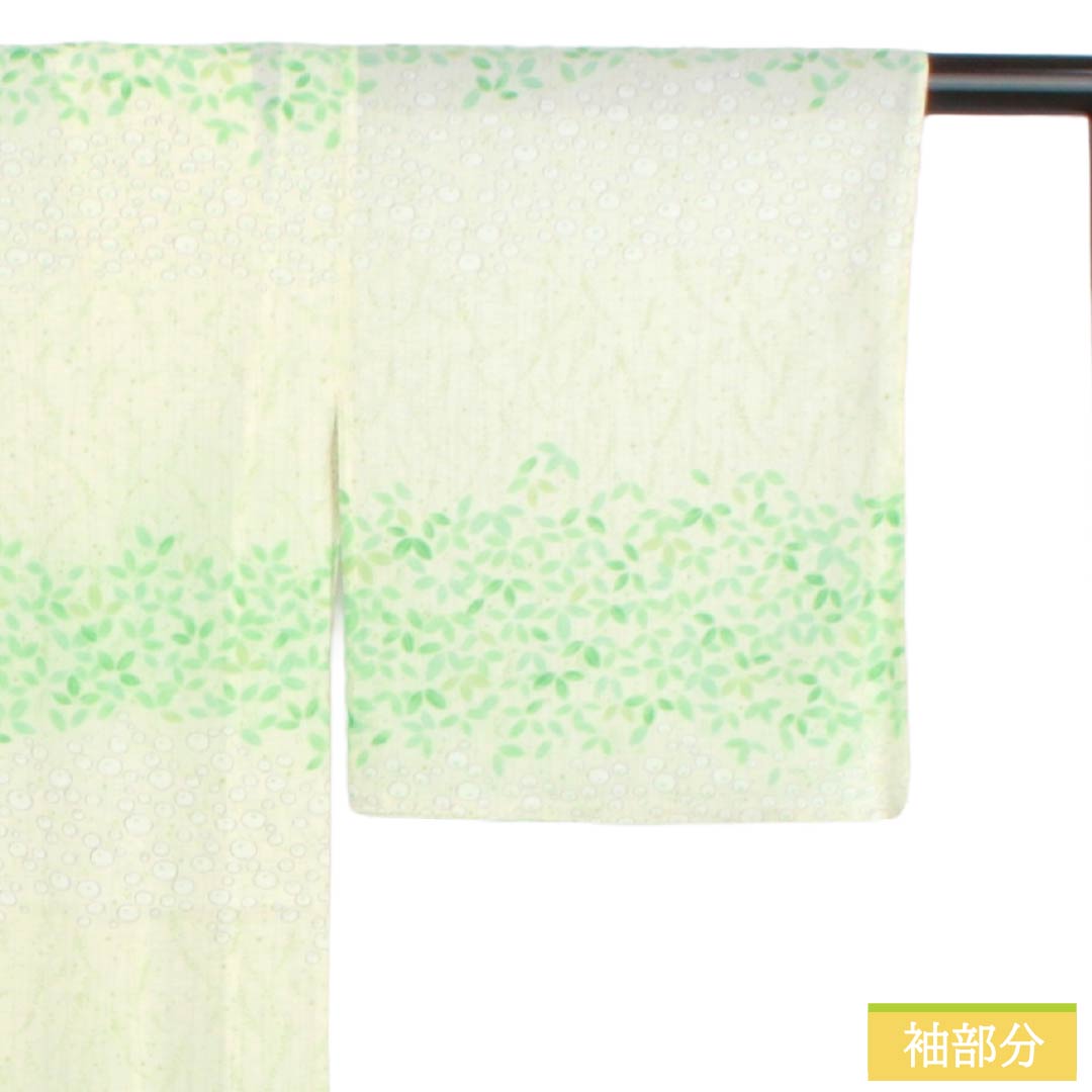 夏物 ポリエステル 小紋 Sランク 身丈161.5cm 裄丈64.5cm 乳白色(にゅうはくしょく) 型染 葉模様 横段 絽 白系 1132004952411