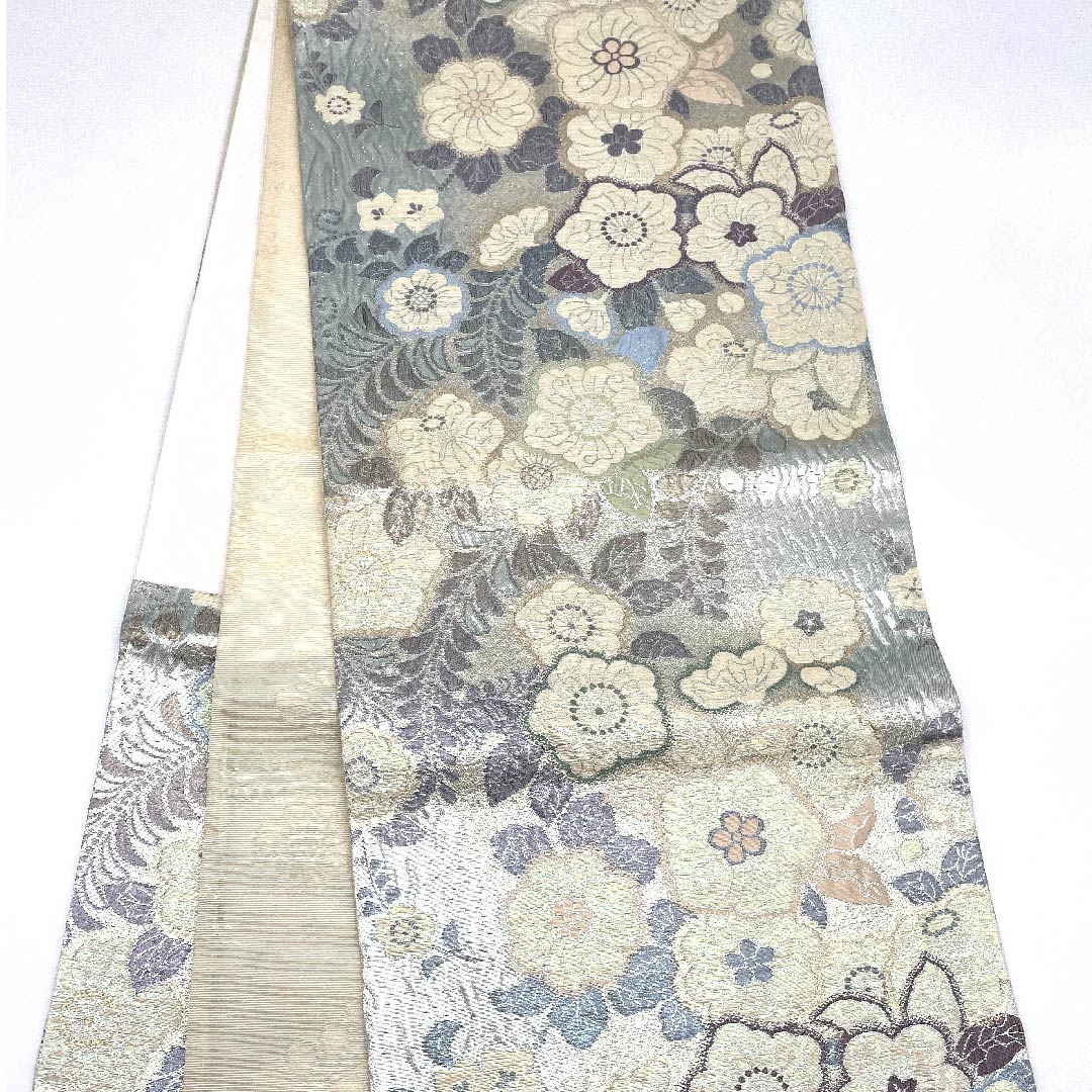 袋帯 藍白色(あいじろいろ) 辻ヶ花 帯丈443cm 正絹 Sランク 六通 セミフォーマル 銀系 1123009402322