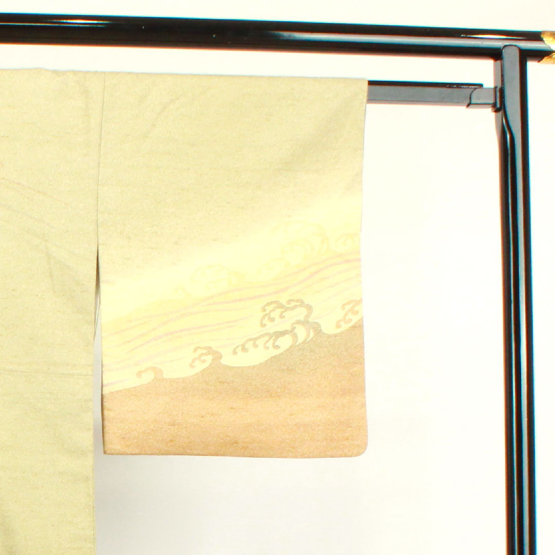 Homongi, pure silk, lined, length 164.5cm, sleeve length 65cm, wax color, pongee fabric, wave, A rank, beige, 1112003003425