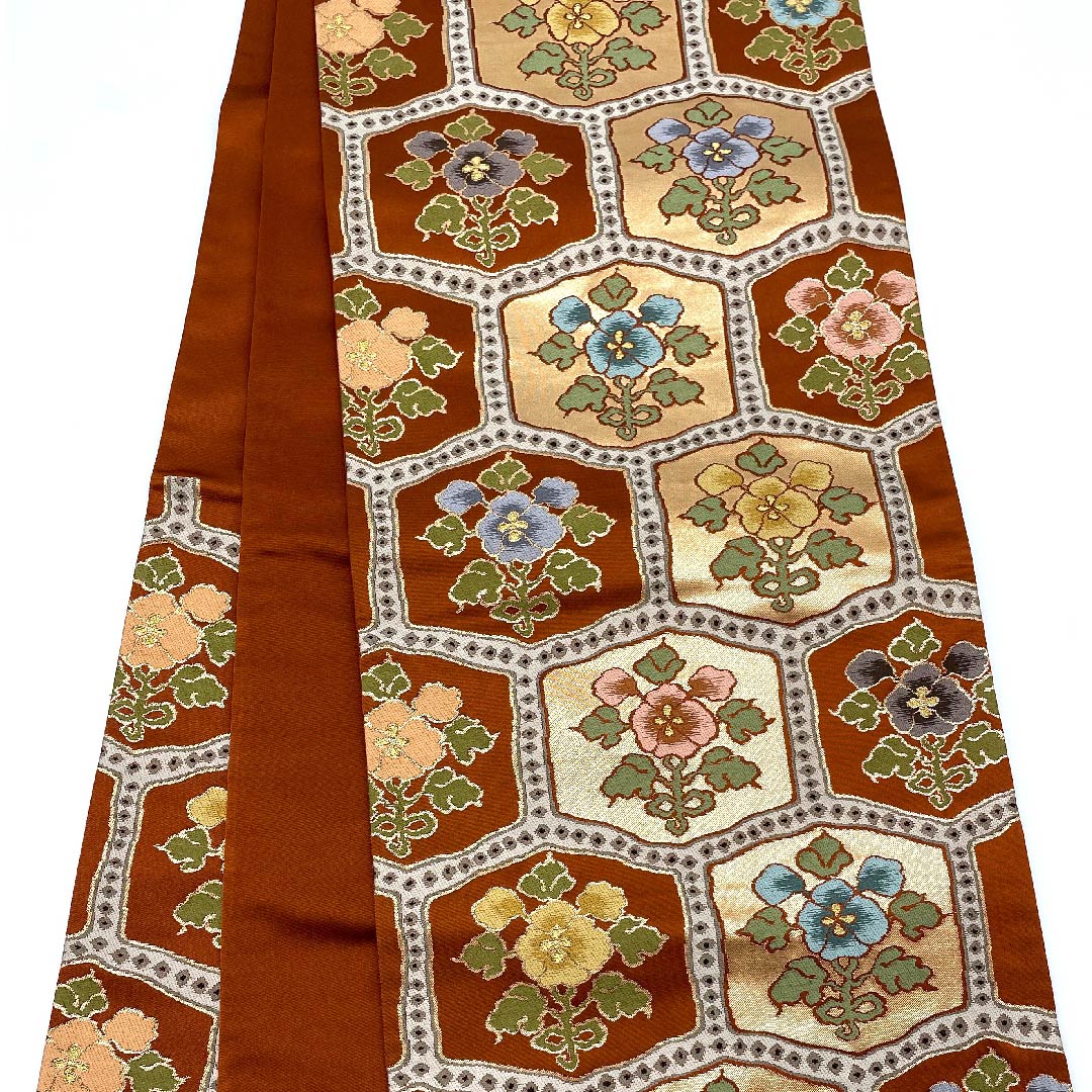 Fukuro Obi (Sash) in Shoujo Chairo (Scarlet Brown) with Floral Pattern, Tortoise Shell, Shirayaen Oba, Length 420cm, Pure Silk, A Rank, Six-Pass, Formal, Orange, 1123008893326