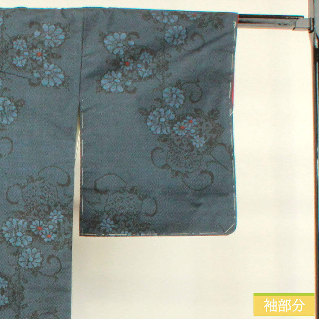 紬 正絹 身丈162.5cm 裄丈64cm 花模様 Aランク 袷 紺系 1116003303418