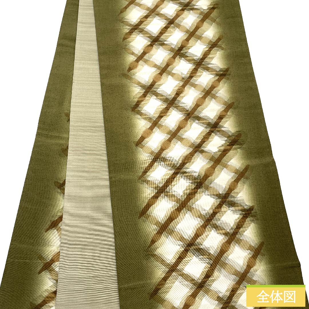 袋帯 昆布茶色(こぶちゃいろ) 染め帯 抽象模様 大島紬 帯丈458cm 正絹 Sランク 全通 カジュアル 緑系 1123010552419