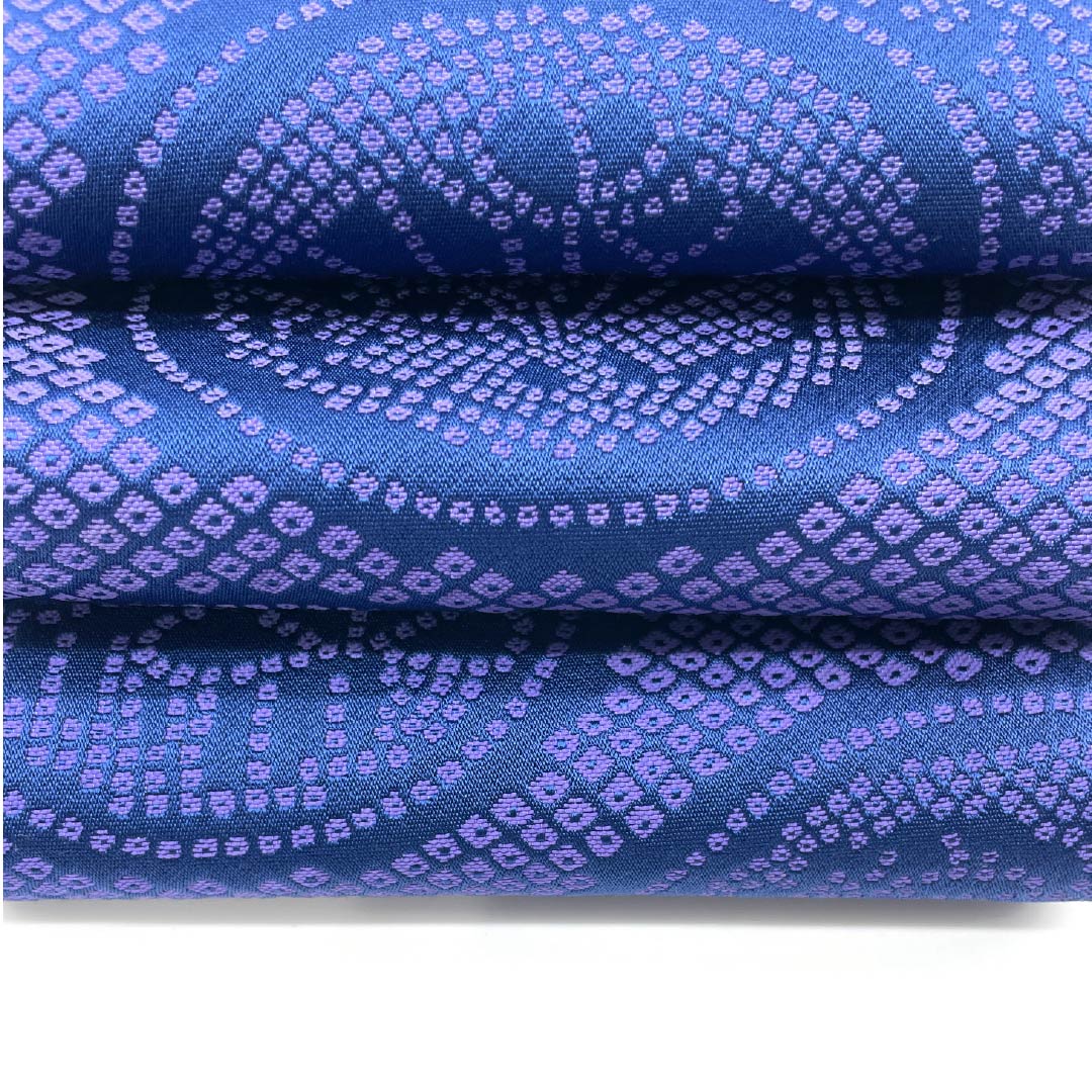 (未仕立)半幅帯 ポリエステル 帯丈342cm 紺青色(こんじょういろ) 竜胆色(りんどういろ) 丸に扇 植物模様 麻の葉 リバーシブル 紫系 Sランク 1125001622320