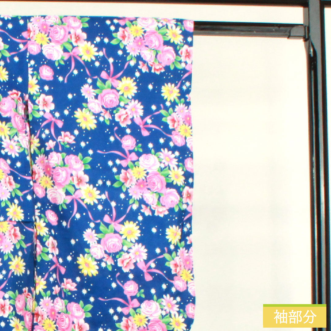 浴衣 木綿 身丈107.5cm 裄丈56.5cm Sランク 単衣 紺系 瑠璃色(るりいろ) 肩上げ有り 身上げ有り 花柄 1118005022118