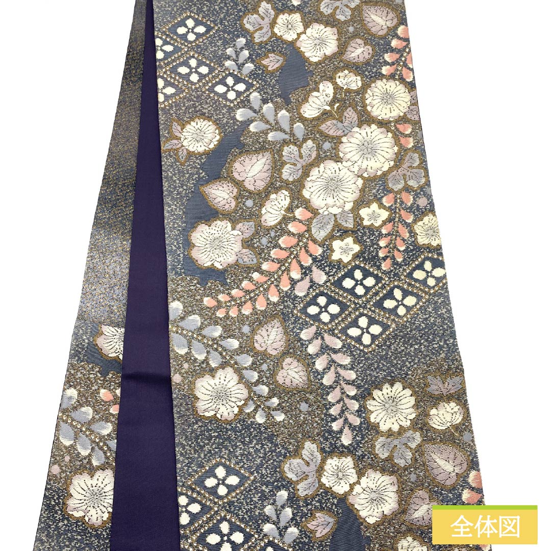 袋帯 正絹 裏色(うらいろ) 辻ヶ花 花菱 帯丈448cm Sランク 六通 セミフォーマル 青系 1123015042317