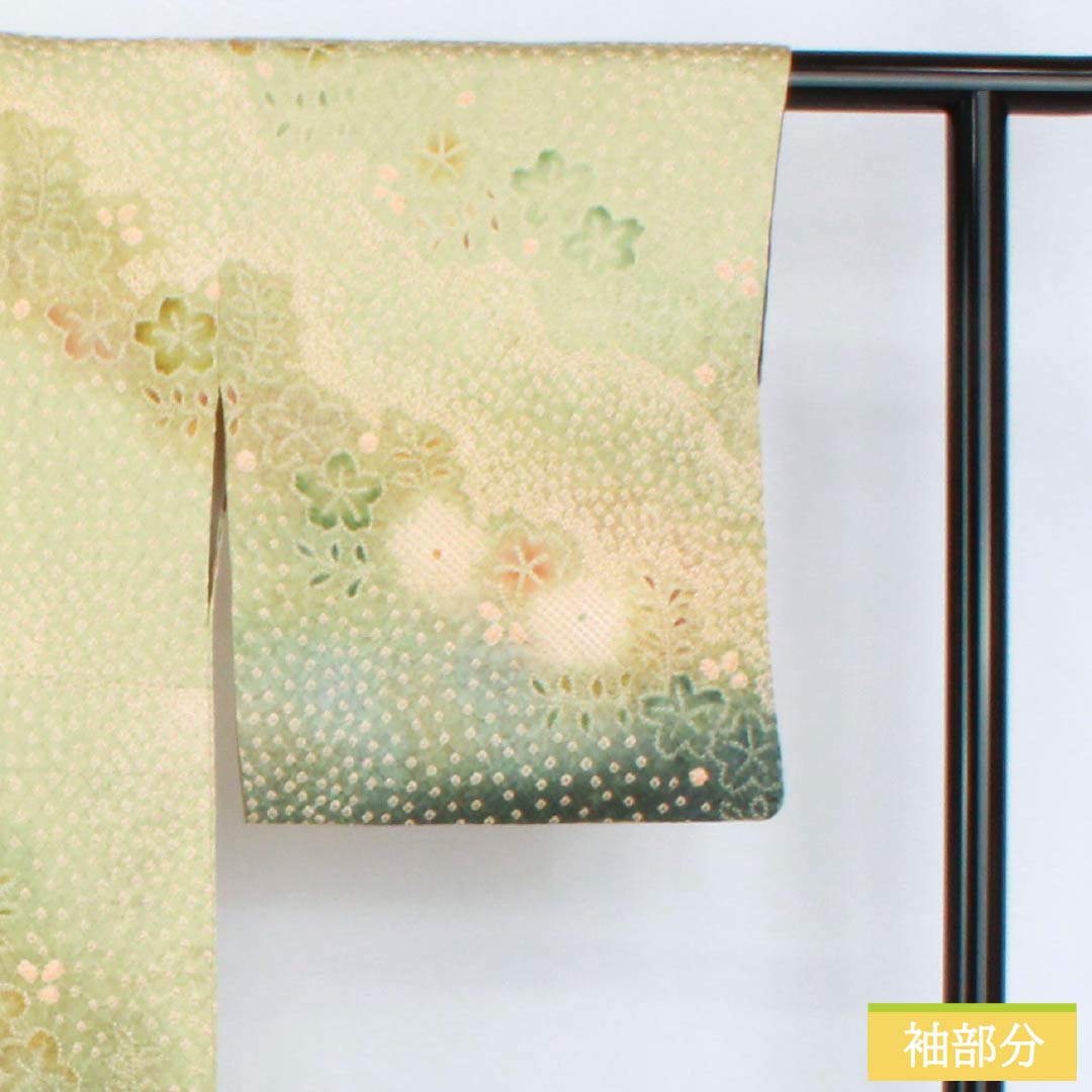 訪問着 正絹 Bランク 袷 身丈160.5cm 裄丈65.5cm 硫黄色(いおういろ) 総絞り 草花 緑系 1112007444419