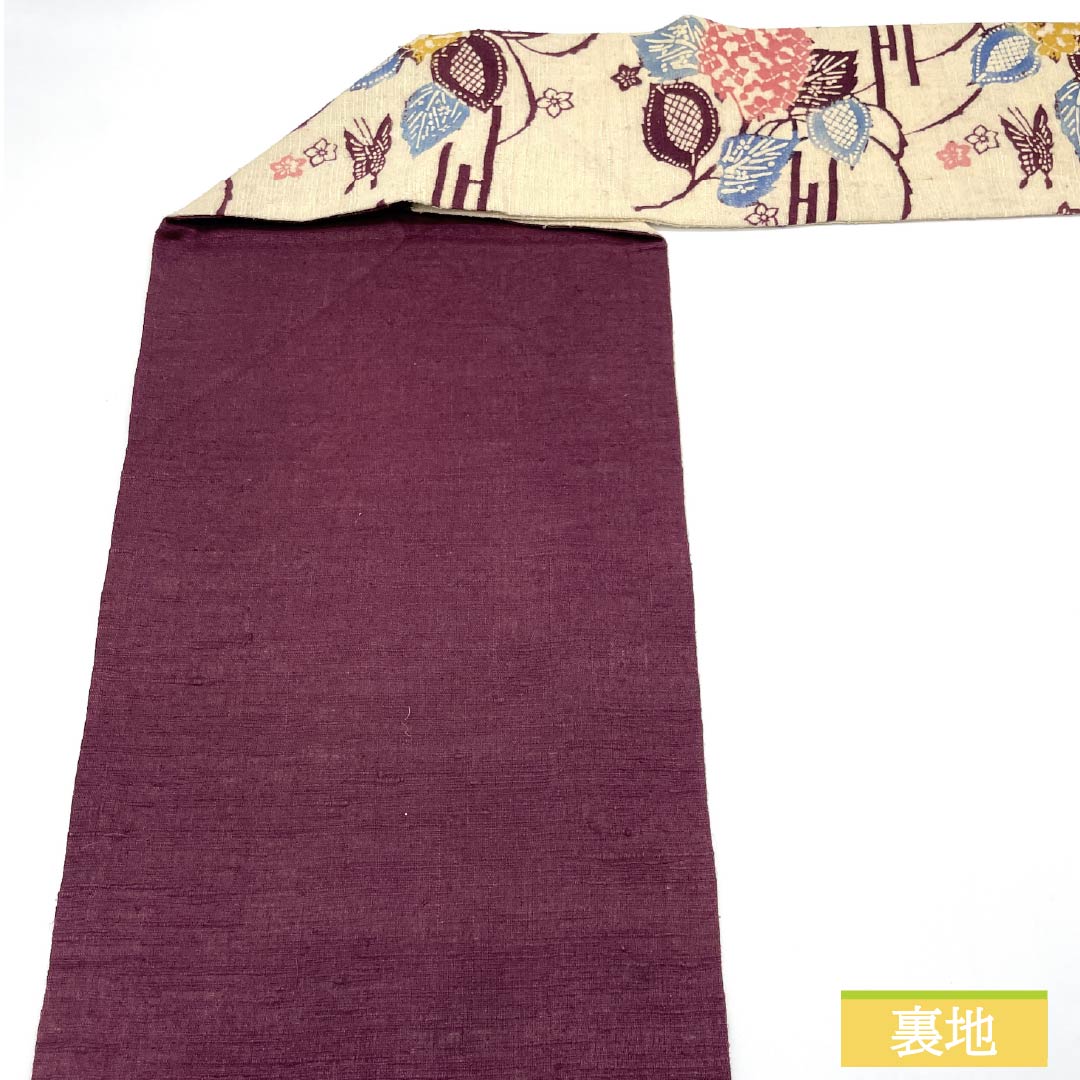 Nagoya Obi, Obana-iro (Obana color), stencil-dyed, pongee fabric, hydrangea, obi length 366cm, pure silk, S rank, full-length, casual, beige, 1124007772325, Nagoya-made
