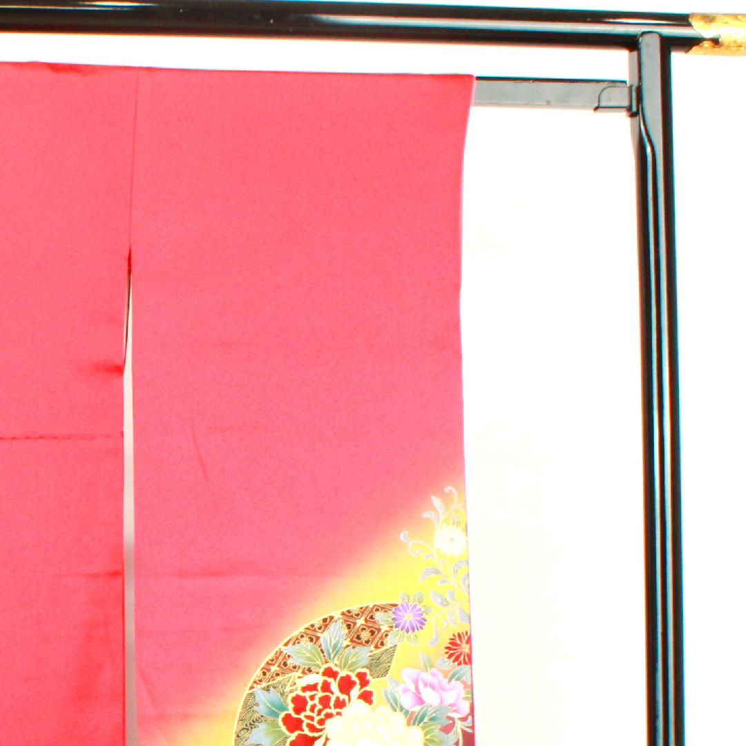 振袖 身丈153.5cm 裄丈63cm 袷 赤紅色 京友禅 草花模様 正絹 Aランク 赤系 1113001523212