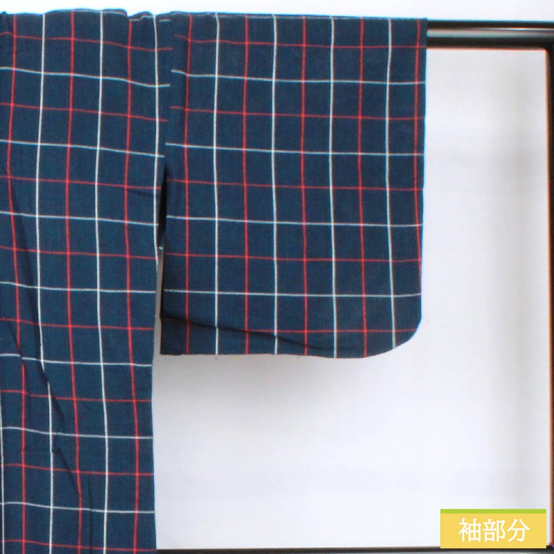 浴衣 木綿 身丈142cm 裄丈63cm Bランク 単衣 紺系 しじら織 紅白格子 1118005834118