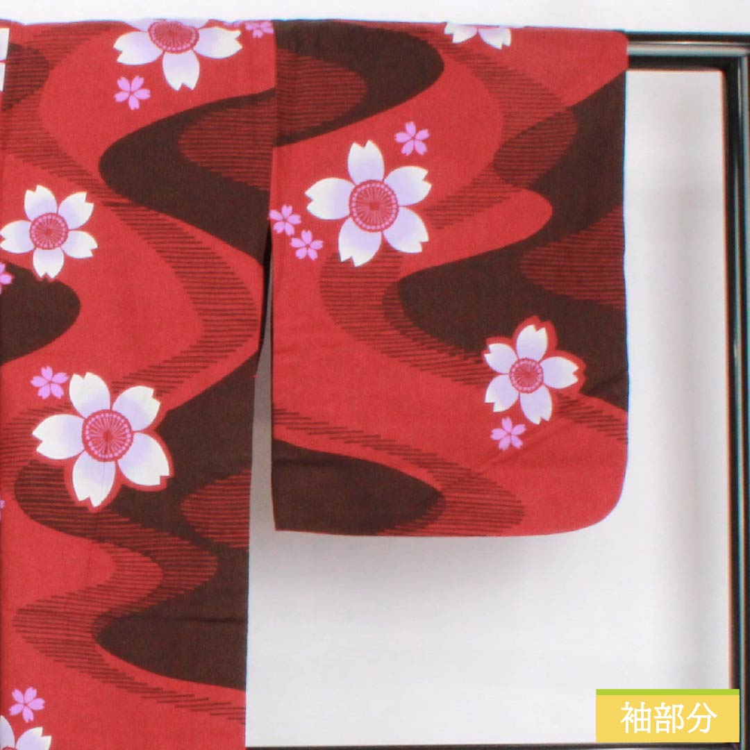 浴衣 木綿 身丈164cm 裄丈65cm Sランク 単衣 赤系 真紅色(しんくいろ) 流水 桜 1118005292412