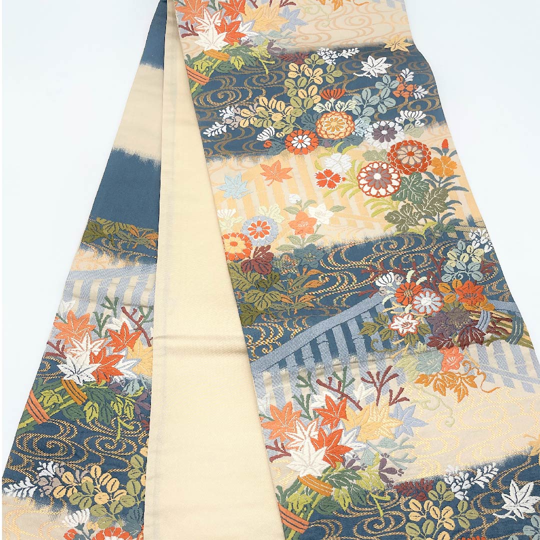 Fukuro Obi (light indigo, ivory) Karaori Hanashiba Bamboo fence pattern Obi length 432cm Pure silk A rank Six-pass Semi-formal Gradient 1123005353399