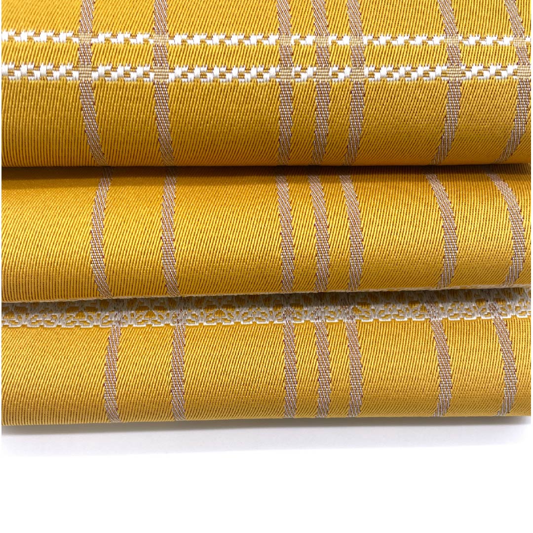 半幅帯 ポリエステル 帯丈386cm 雄黄色(ゆうおういろ) レース模様 格子模様 赤紫色(あかむらさきいろ) ドット 幾何学模様 黄系 Sランク 1125001472323