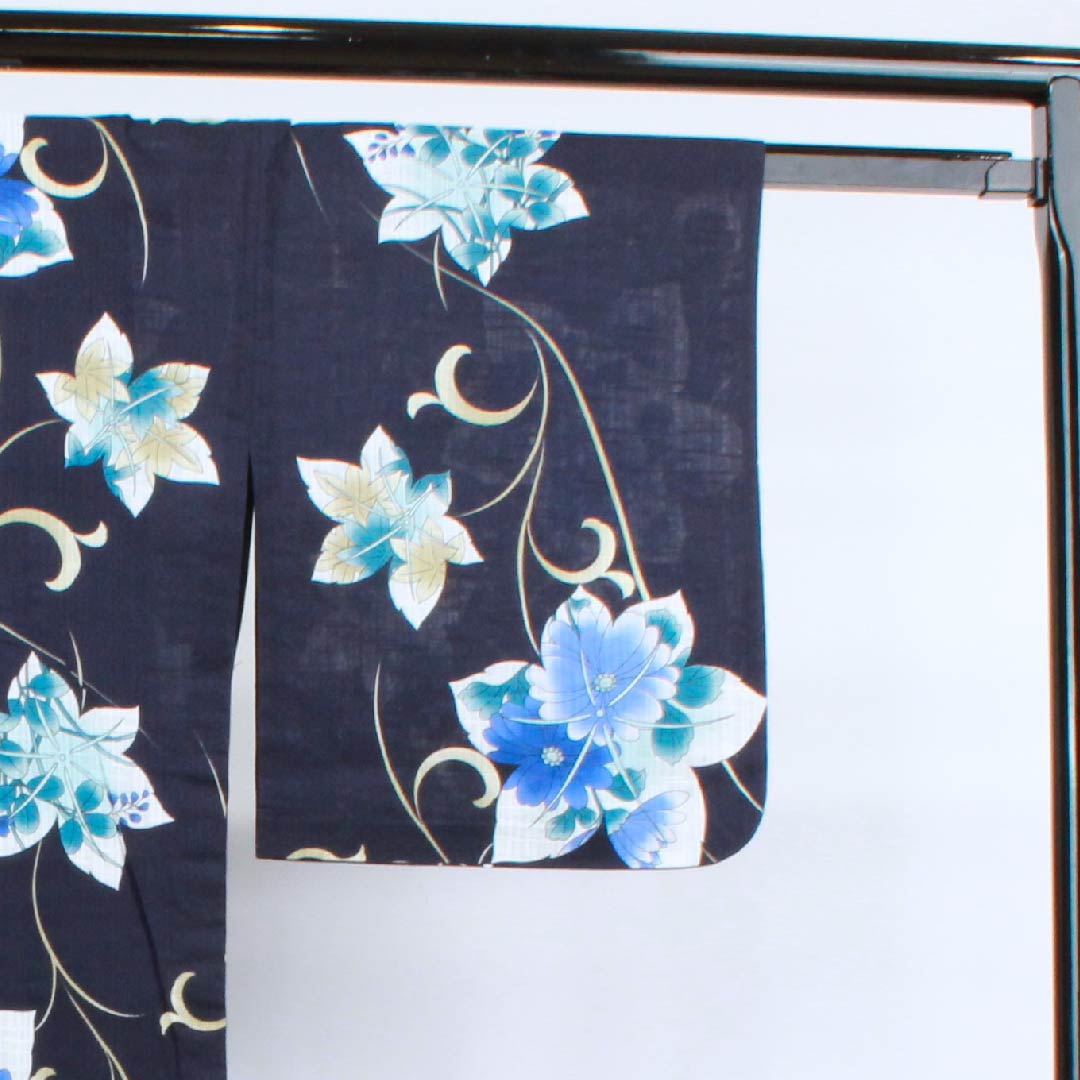 Yukata, dark blue, bush clover, maple leaves, chrysanthemum, arabesque cotton, S rank, single layer, length 167cm, sleeve length 67cm, navy blue, 1118004432518