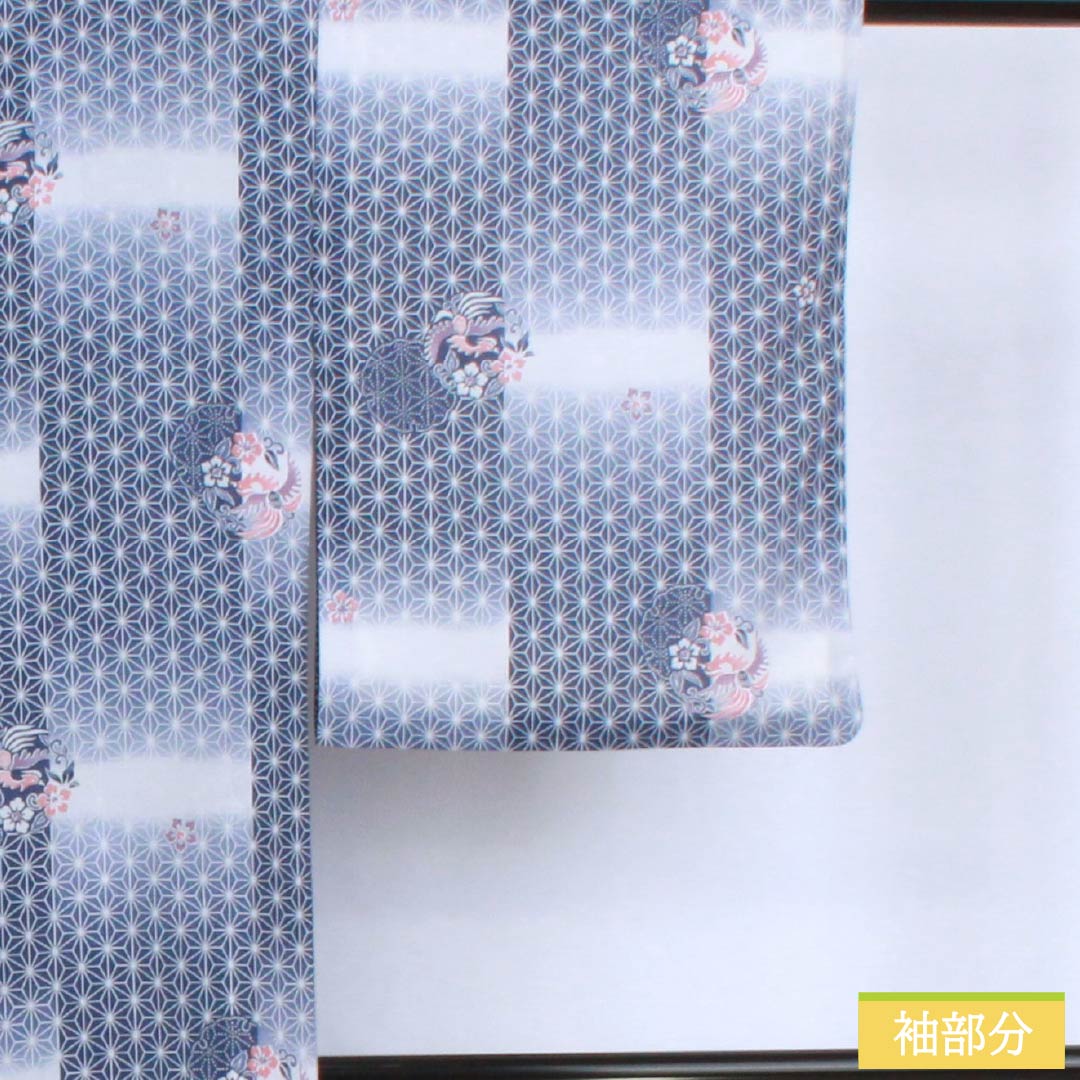 夏物 ポリエステル 小紋 身丈149cm 裄丈62cm 鉄蒲萄色(てつぶどういろ) 麻の葉 古典柄 洗える着物 絽 Aランク 紺系 1132002633118