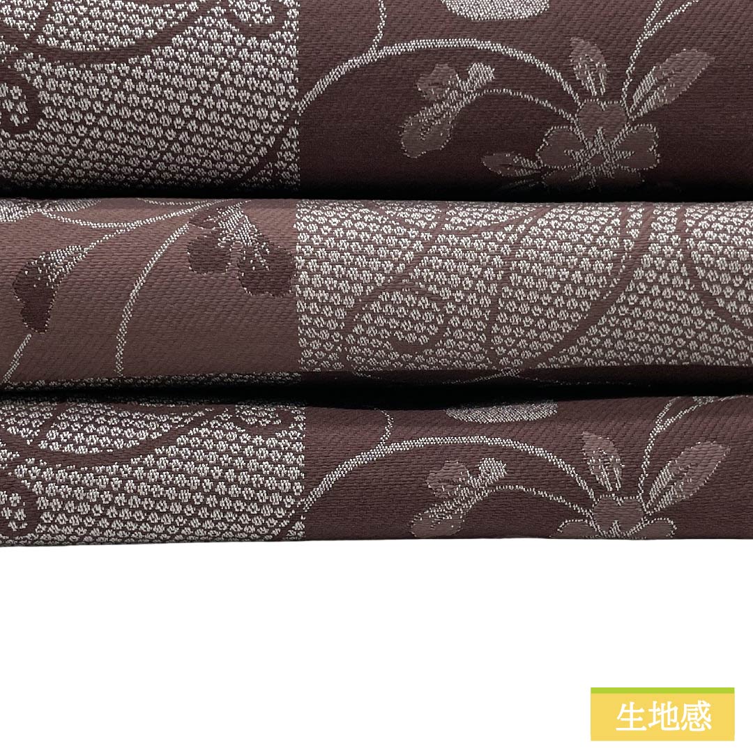 (新品)半幅帯 ポリエステル NEWランク 紫鳶色(むらさきとびいろ) 藤紫色(ふじむらさきいろ) 市松 花唐草 立涌模様 リバーシブル 帯丈389cm 茶系 1125006111314