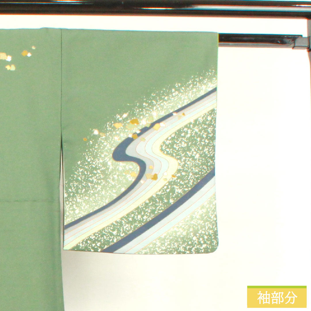 訪問着 ポリエステル 袷 身丈160.5cm 裄丈66cm 千種色(ちぐさいろ) 洗える着物 流水 Aランク 緑系 1112004603419