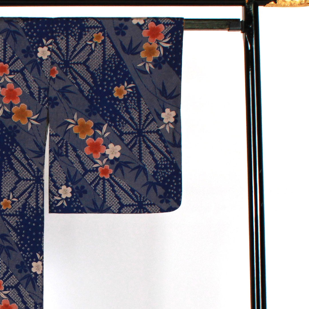 Small pattern, Length 163cm, Sleeve length 64cm, Awase, Cherry blossoms, Bamboo, Washable kimono, Polyester, S rank, Navy, 1115000782318