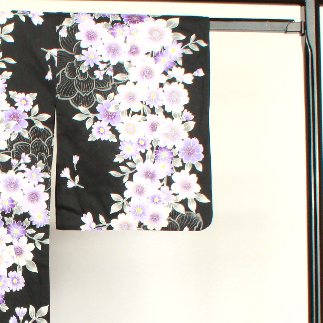 浴衣 桜 木綿 Sランク 単衣 身丈161.5cm 裄丈65.5cm 黒系 1118001492410