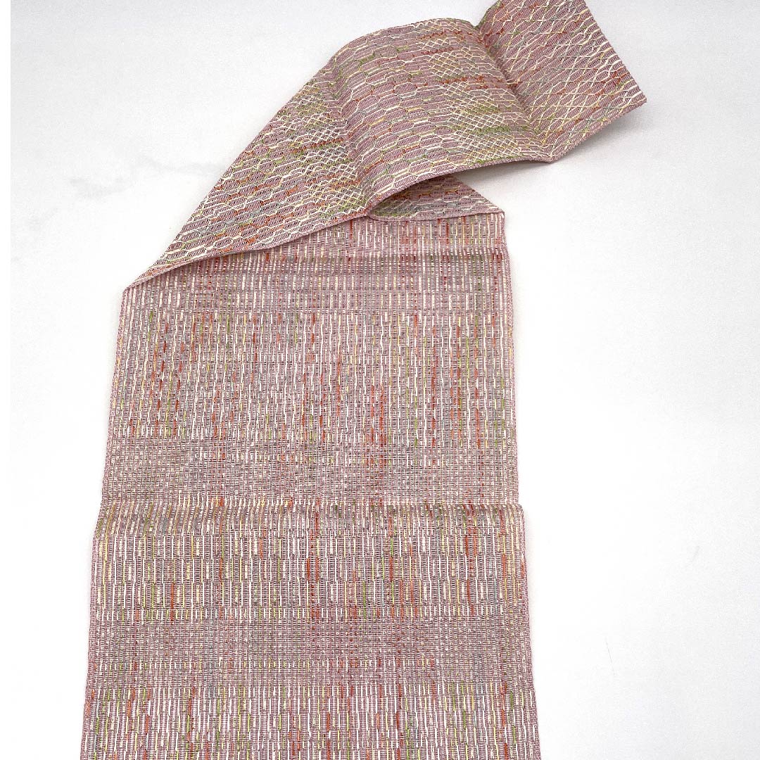 名古屋帯 御所染色 夏帯 紗 抽象模様 帯丈354.5cm 正絹 Sランク 全通 カジュアル ピンク系 1124004282313 松葉仕立て