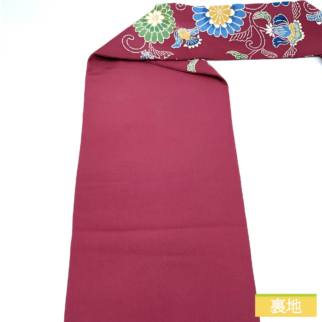 名古屋帯 胭脂紅色(えんじこういろ) 京紅型 花唐草 帯丈345cm 正絹 Bランク 全通 カジュアル 紫系 1124006644320 名古屋仕立て