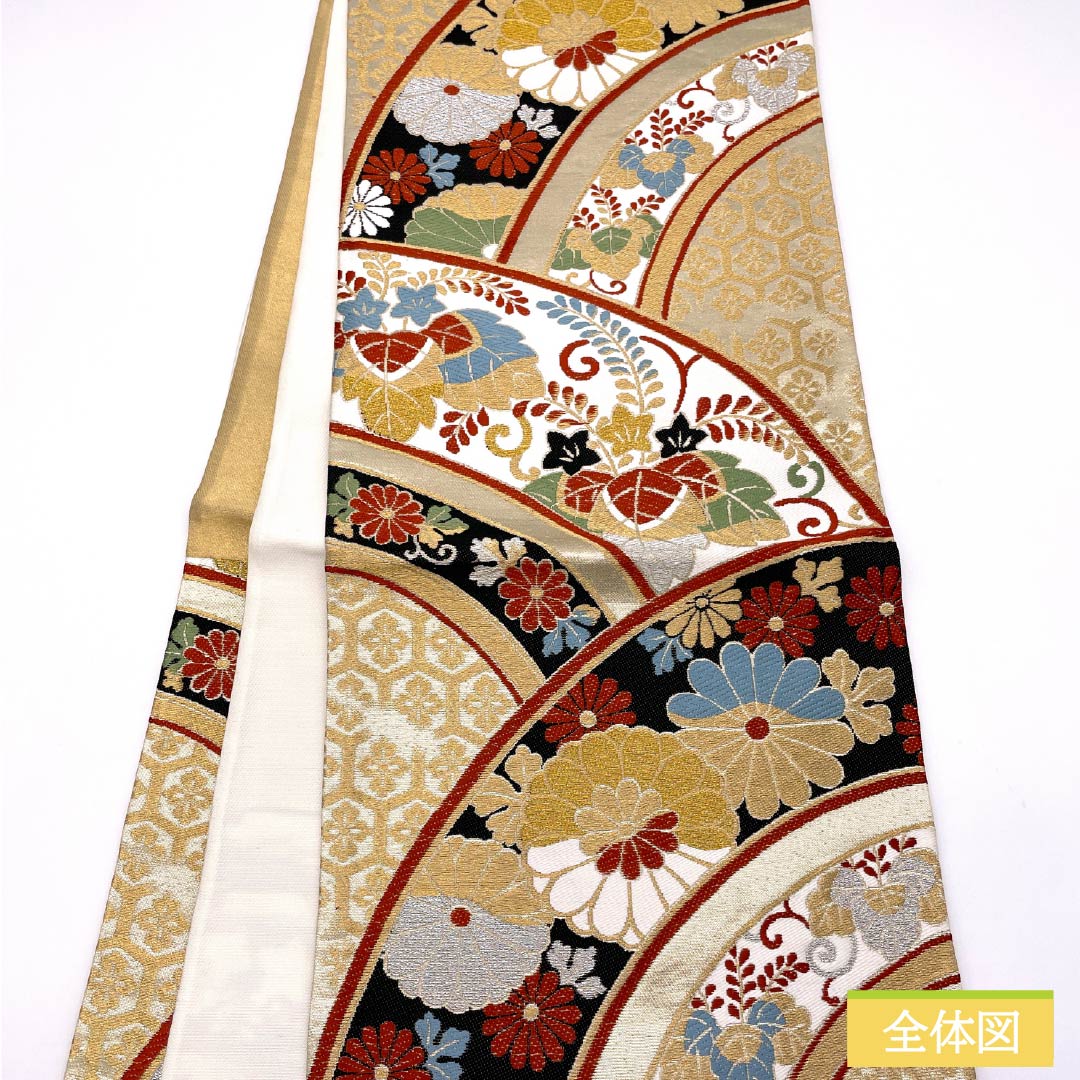 (未仕立)袋帯 正絹 Aランク 亀甲 振袖用 吉祥文様 桐 帯丈420cm 六通 フォーマル 金系 1123014203321