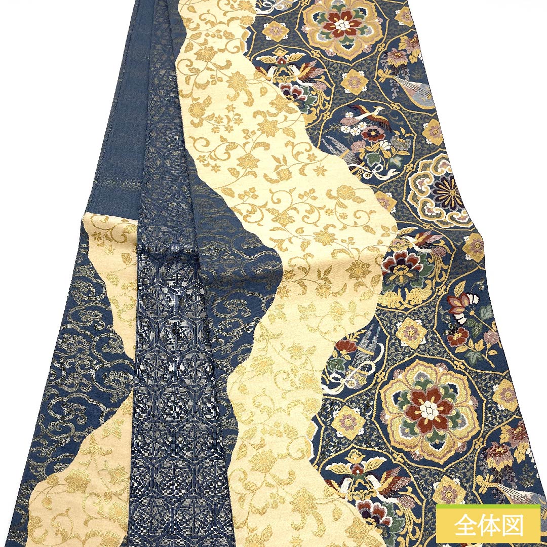 袋帯 裏色(うらいろ) 小木織物 華文 鳳凰 雅楽 帯丈424cm 正絹 Sランク 六通 フォーマル 青系 1123010612317