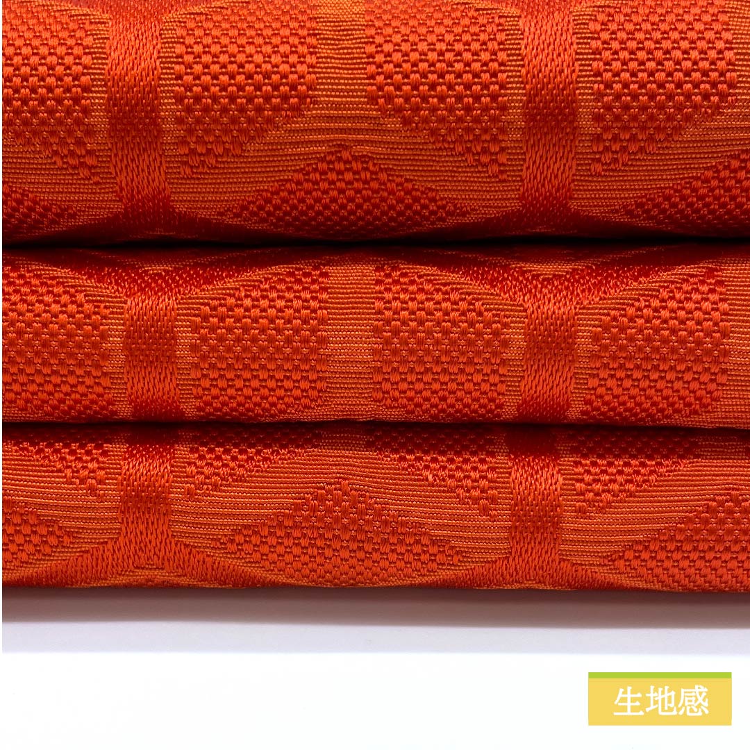 (未仕立)半幅帯 ポリエステル 緋色(ひいろ) 亀甲に三つ菱 古典柄 幾何学模様 帯丈346cm 赤系 Sランク 1125001012312