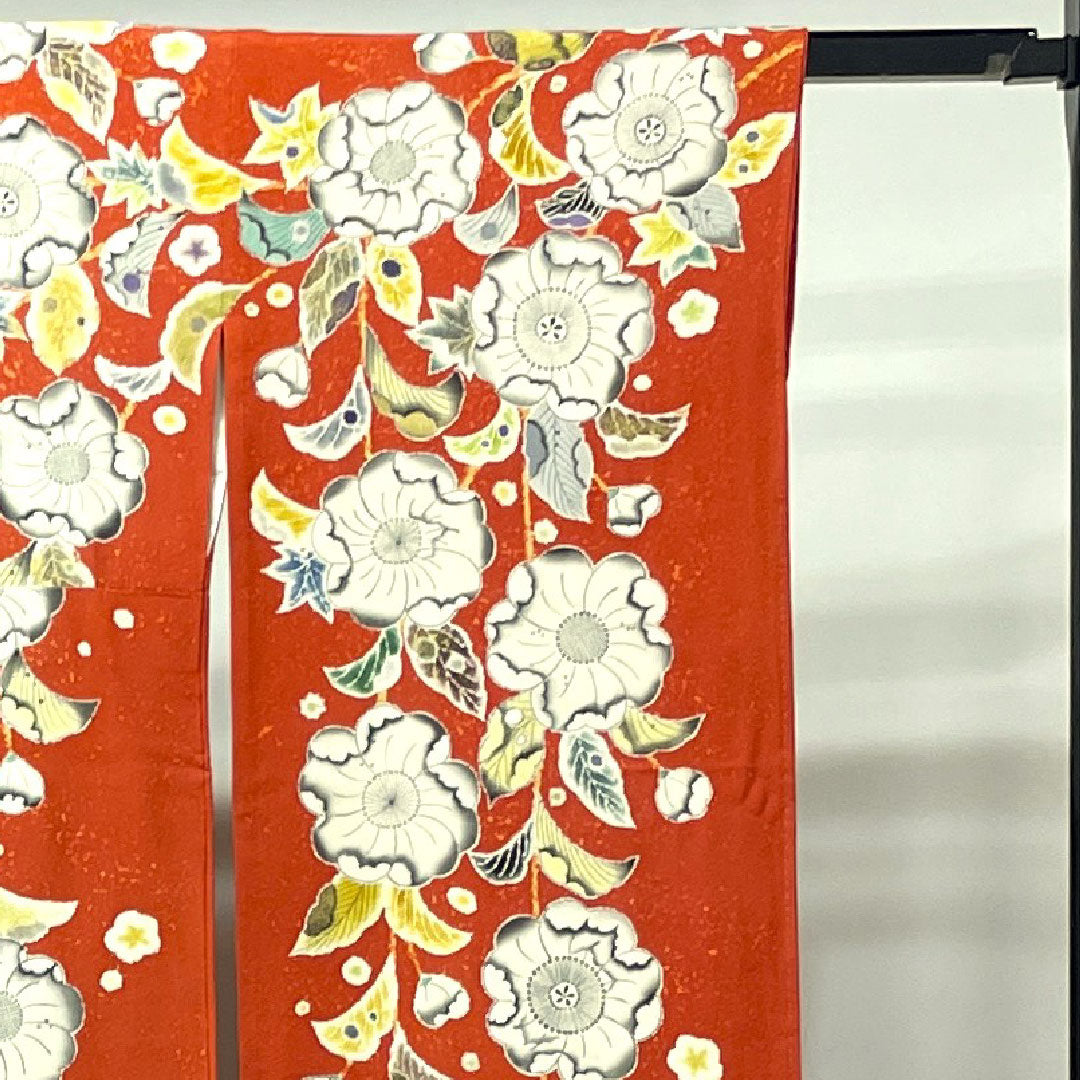 Long-sleeved kimono, length 175.5cm, sleeve length 68cm, lined, Kyoto Yuzen, Tsujigahana, dyed separately, circle with quince, pure silk, A rank, gradation style, 1113001583899