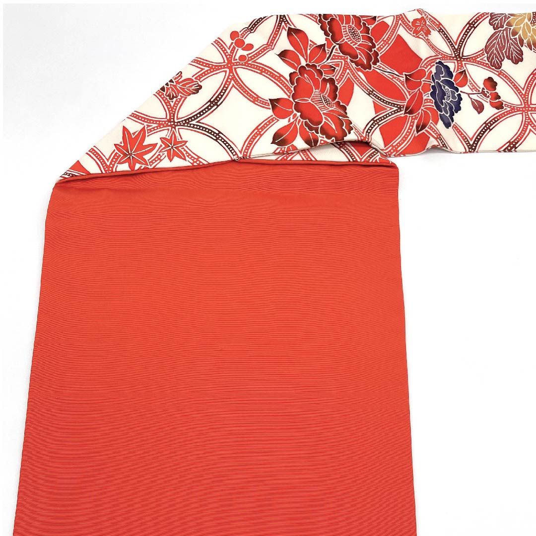 名古屋帯 緋色 七宝つなぎ 花柄 帯丈383cm 正絹 Sランク ポイント柄 カジュアル 朱系 1124004512316 名古屋仕立て