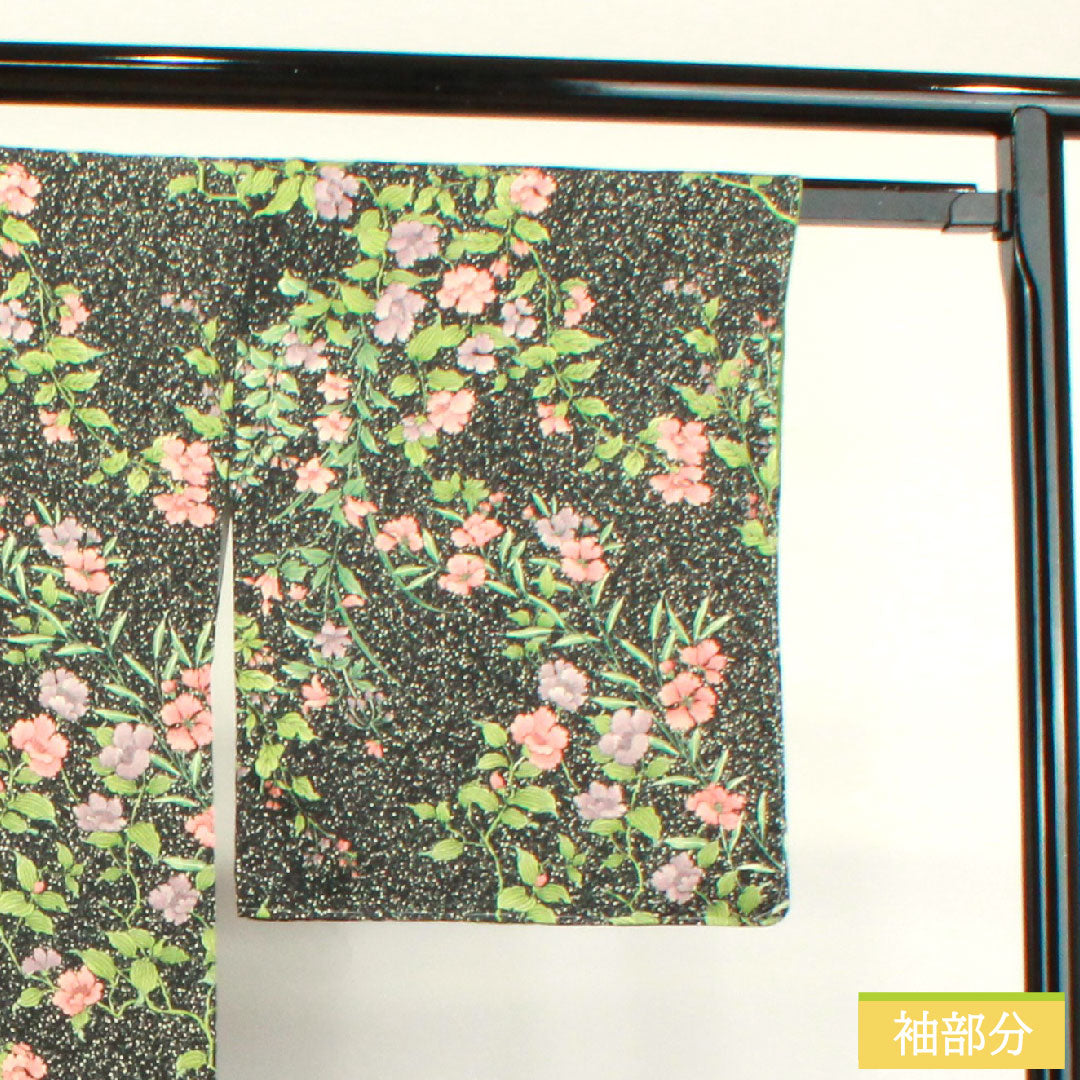 Small pattern, polyester, length 166cm, sleeve length 67cm, lined, washable kimono, floral pattern, taped dyeing, with basting thread, S rank, black, 1115003982510
