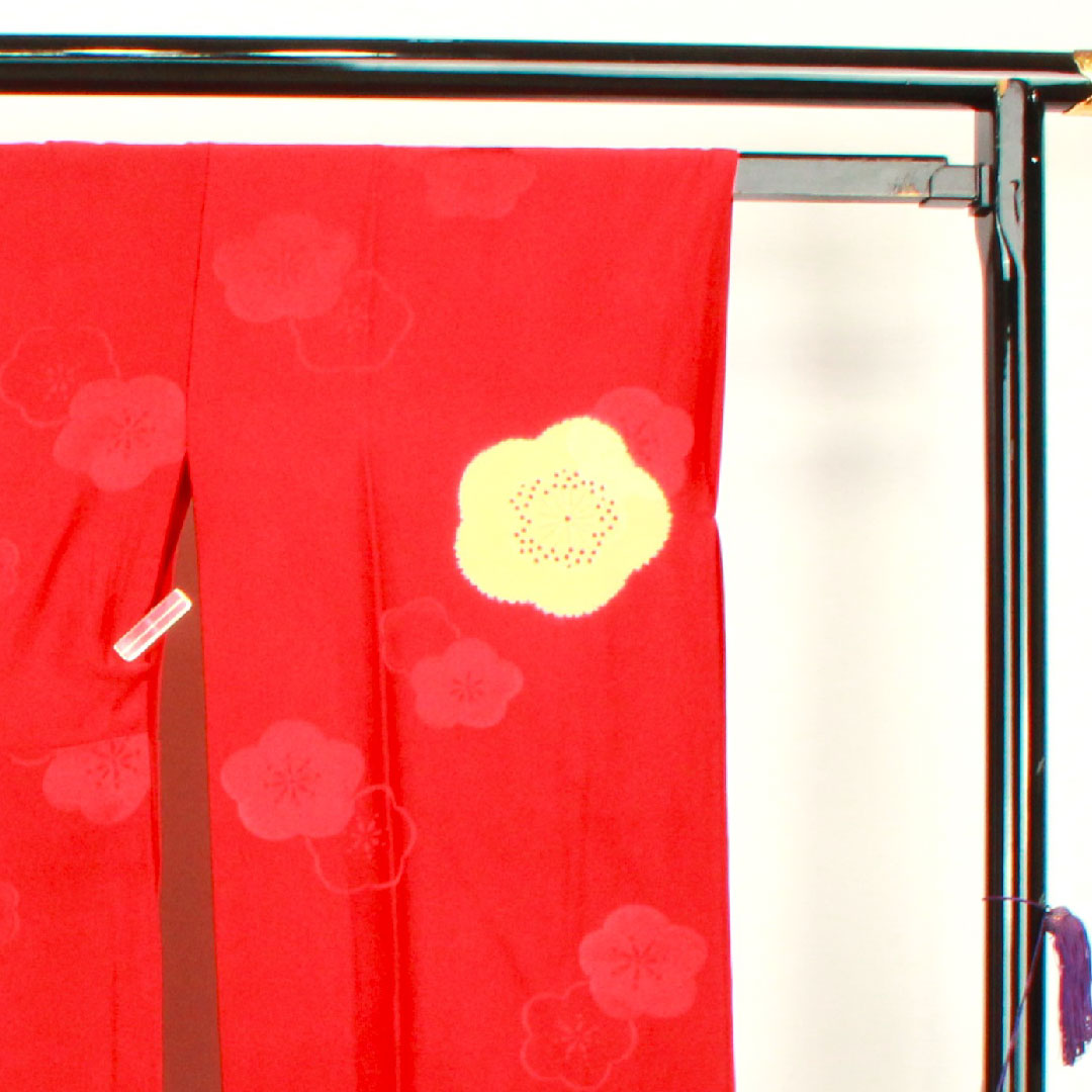 長襦袢 正絹 身丈120cm 裄丈67.5cm 単衣 土耳古赤色 振袖用 梅 Aランク 赤系 1129000293112