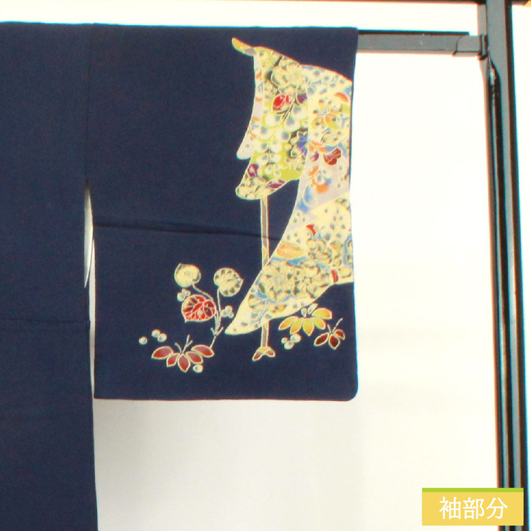Homongi, pure silk, lined, length 172cm, sleeve length 67cm, dark blue, Tsujigahana, S rank, navy blue, 1112003572618