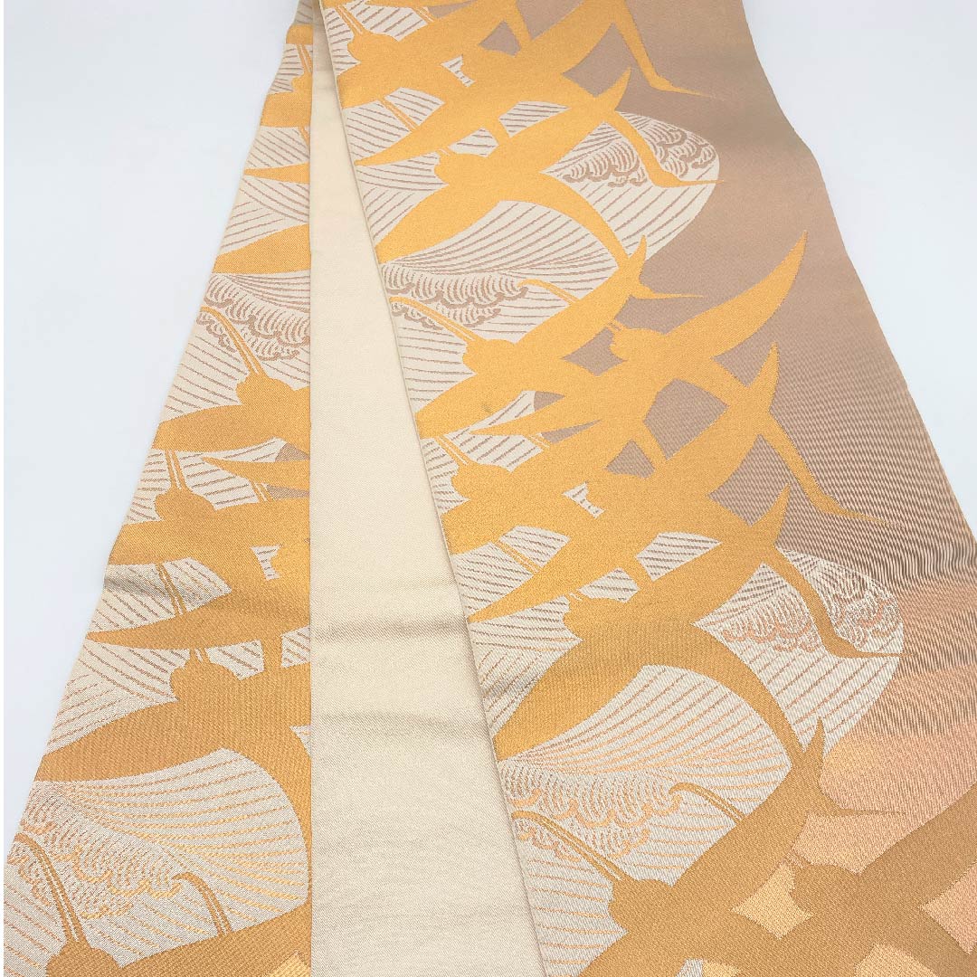 袋帯 金色 琳派鶴 流水 引箔 帯丈442cm 正絹 Aランク 全通 フォーマル 金系 1123005333321