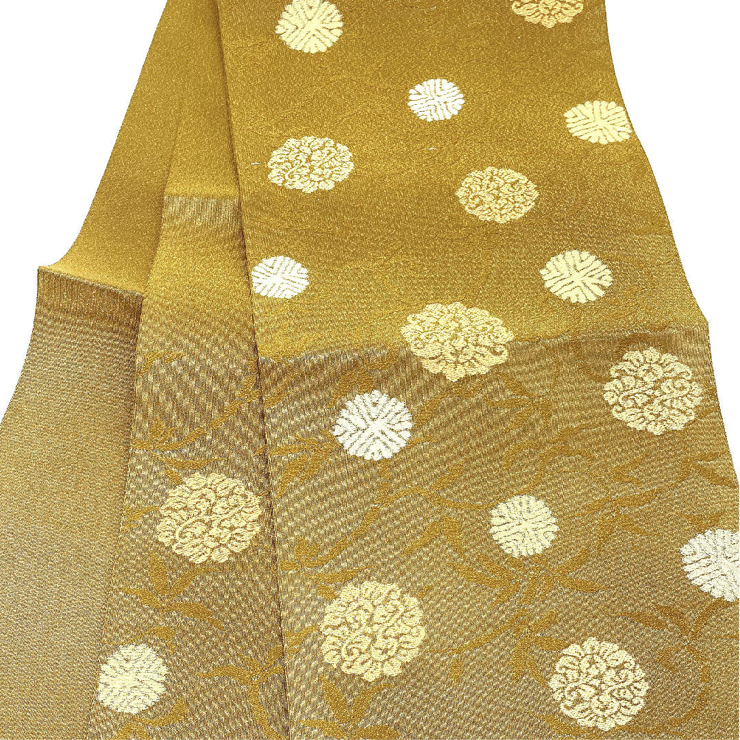 (未仕立)名古屋帯 松葉丸紋 帯丈368cm 正絹 NEWランク 六通 セミフォーマル 黄系 1124001281323