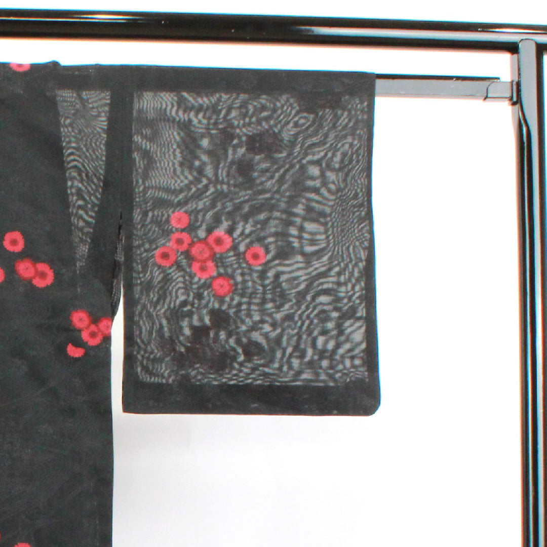 Summer kimono, polyester, small pattern, length 152.5cm, sleeve length 63cm, flowing water, chrysanthemum, washable kimono, gauze, A rank, black, 1132001243210