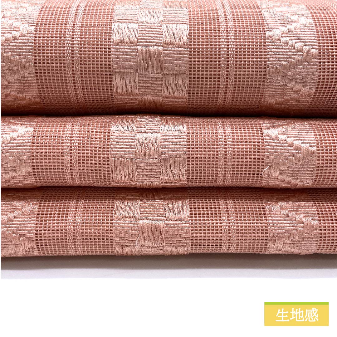 半幅帯 ポリエステル 東雲色(しののめいろ) 幾何学模様 市松 山路文 帯丈398cm ピンク系 Sランク 1125001062313