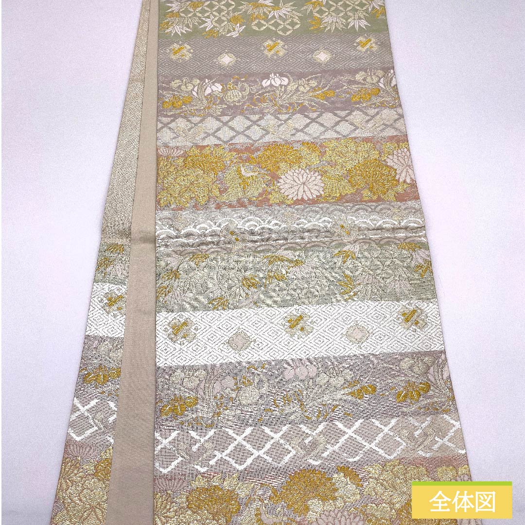 Fukuro Obi, pure silk, silver, horizontal stripes, Seigaiha, Shippo, horizontal stripes, obi length 438cm, S rank, six-pass, formal, silver, 1123011882322