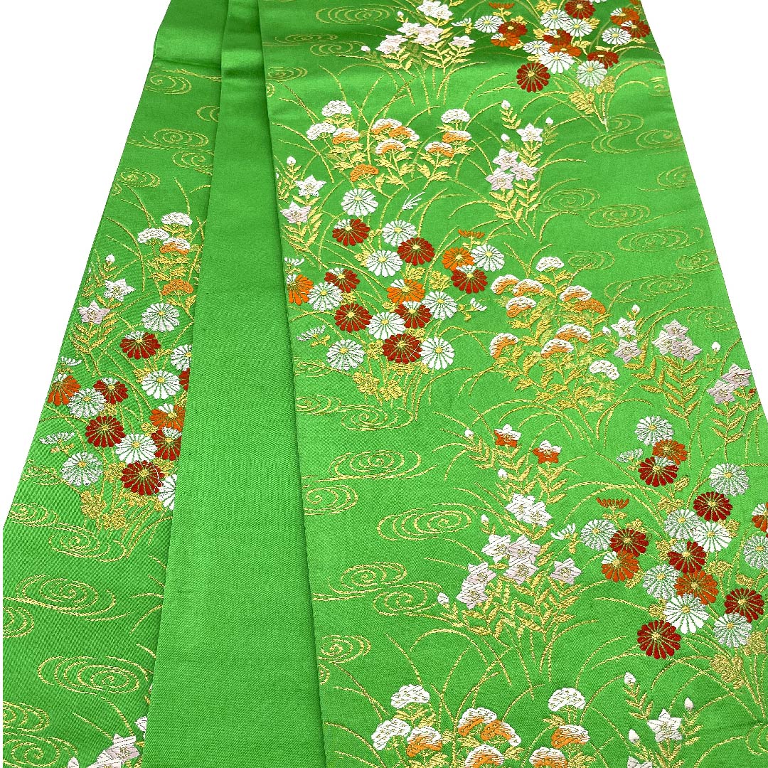 袋帯 薄青色(うすあおいろ) 観世流水 桔梗 菊 松 帯丈432cm 正絹 Sランク 六通 フォーマル 緑系 1123007012319