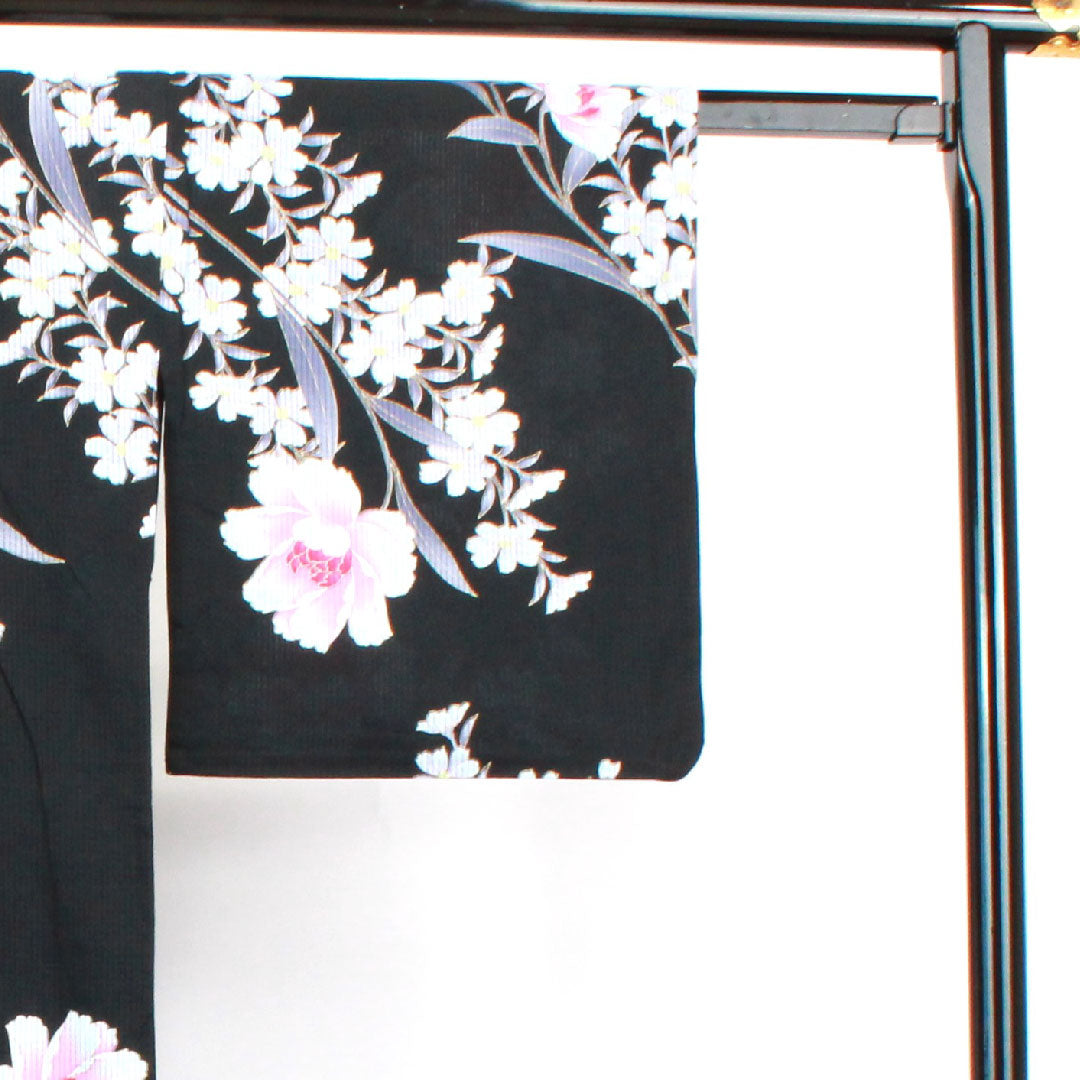 浴衣 牡丹 木綿 Sランク 単衣 身丈158cm 裄丈67.5cm 黒系 1118002112310