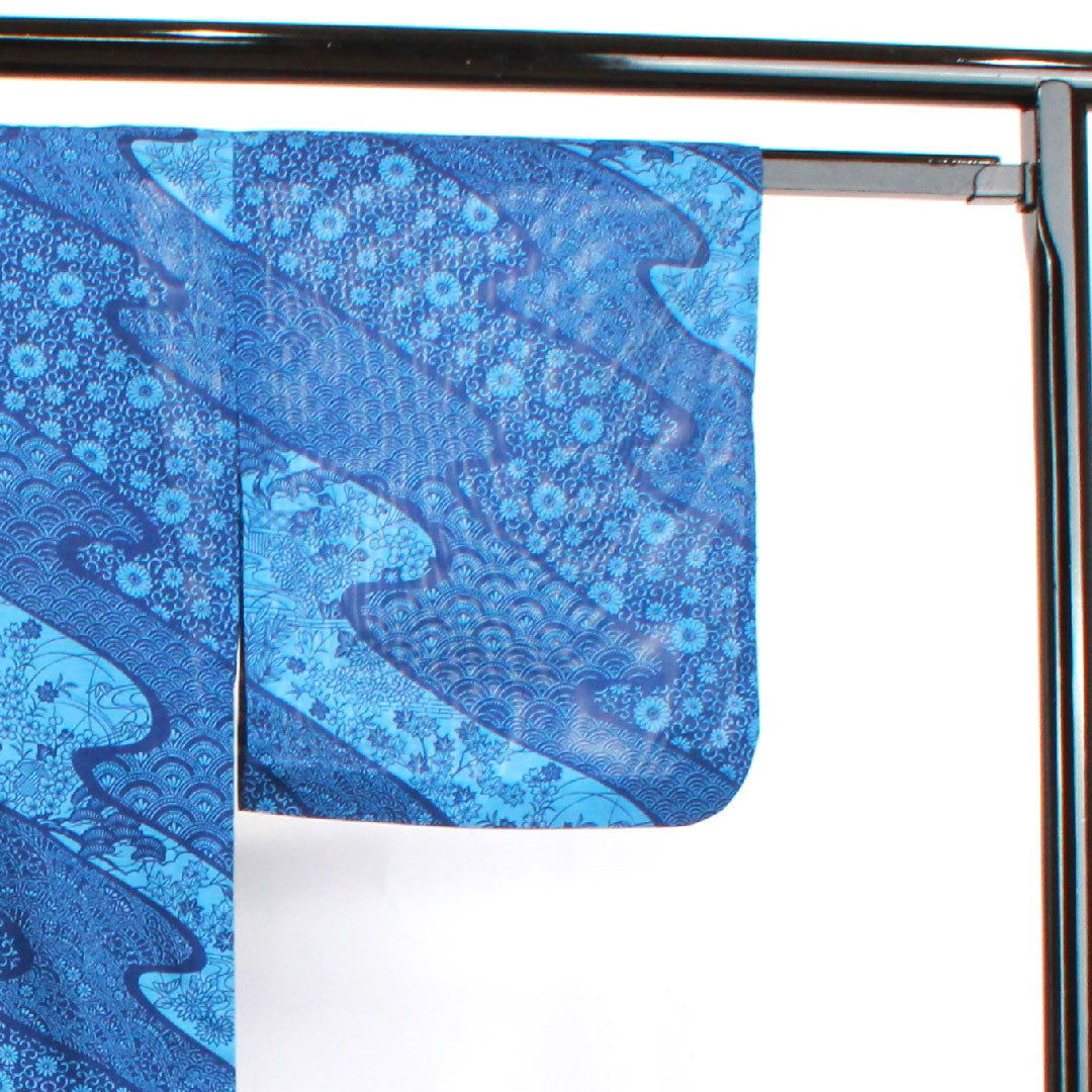 夏物 ポリエステル 小紋 身丈163cm 裄丈67cm 濃紺色(のうこんいろ) 流水 青海波 菊 絽 Aランク 紺系 1132001433418