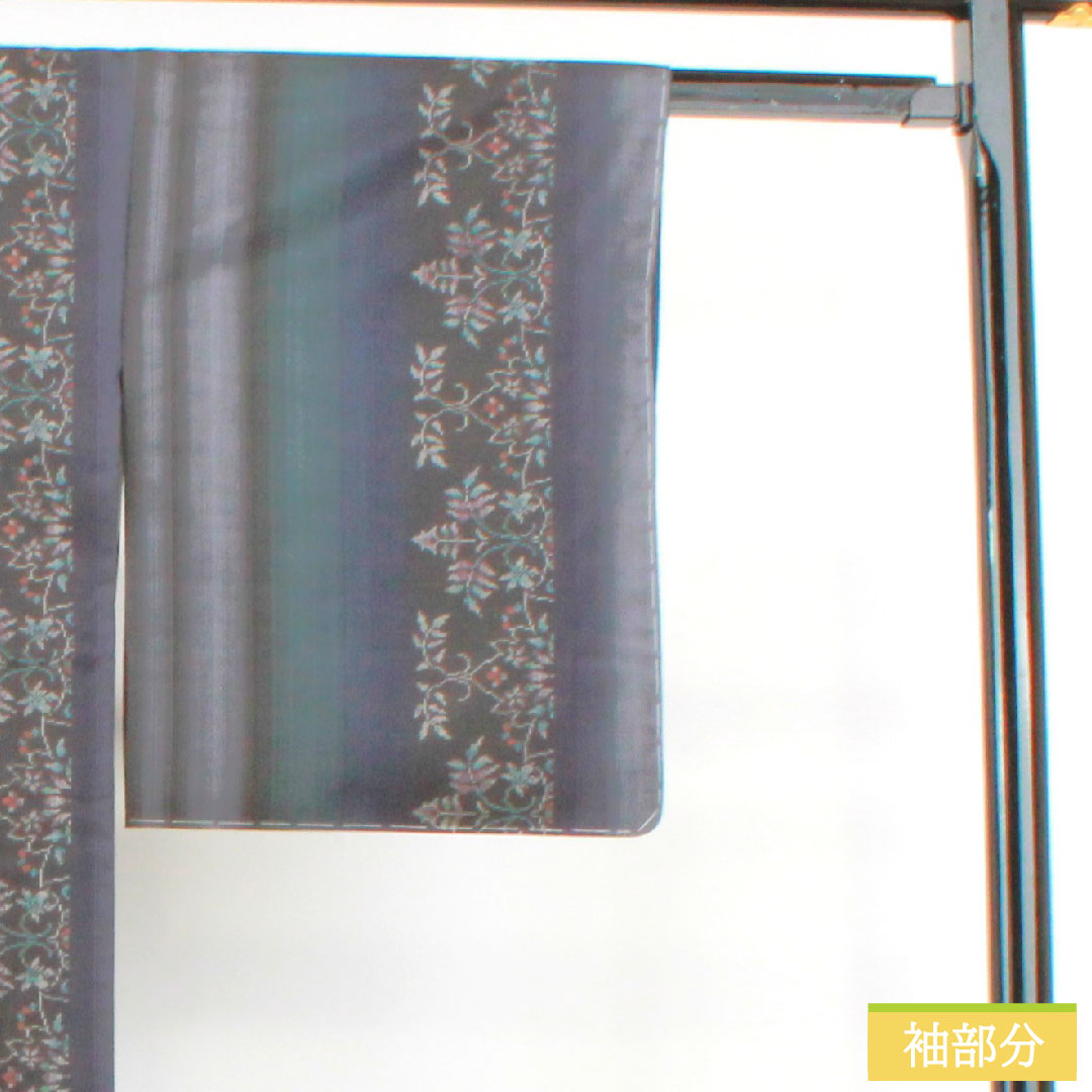 Silk pongee, Length 156cm, Sleeve length 64.5cm, Oshima pongee, Warp and weft kasuri, Stripes, Floral pattern, S rank, Lined, Brown, 1116003462314