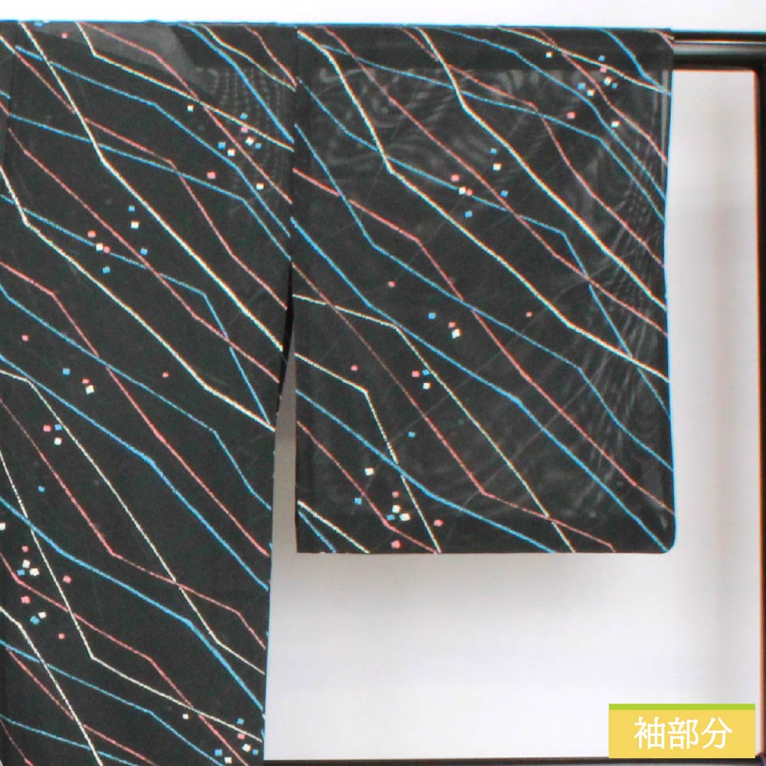 夏物 ポリエステル 小紋 身丈164.5cm 裄丈68cm 幾何学模様 洗える着物 絽 Sランク 黒系 1132002242410