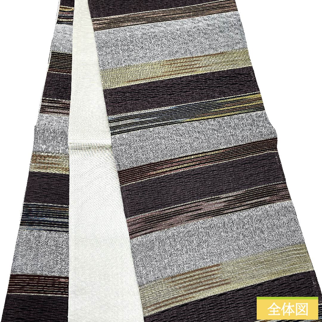 袋帯 錫色(すずいろ) 横段 シンプル 帯丈449cm 正絹 Sランク 全通 カジュアル グレー系 1123010182322