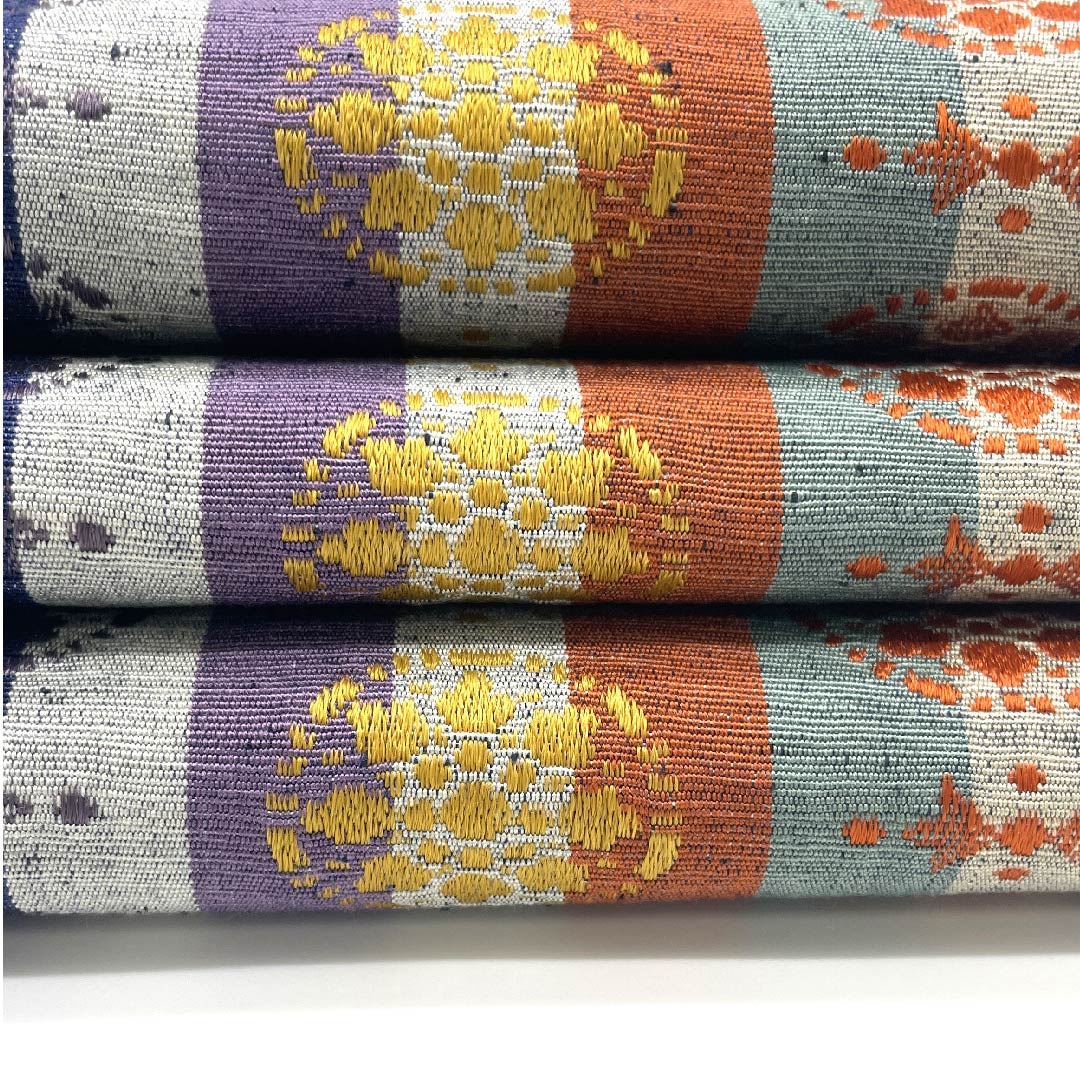 (未仕立)半幅帯 ポリエステル ストライプ 縞 丸に花 花柄 抽象模様 帯丈352cm グラデーション系 Sランク 1125001212399