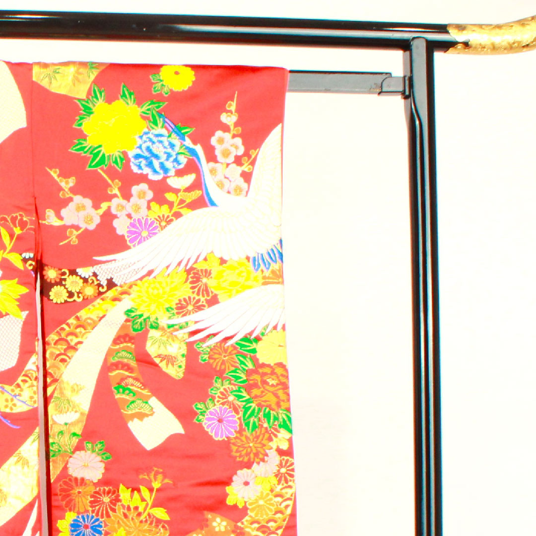 色打掛 身丈193cm 緋色 唐織 熨斗 鶴 正絹 Aランク 袷 朱系 1110000273916