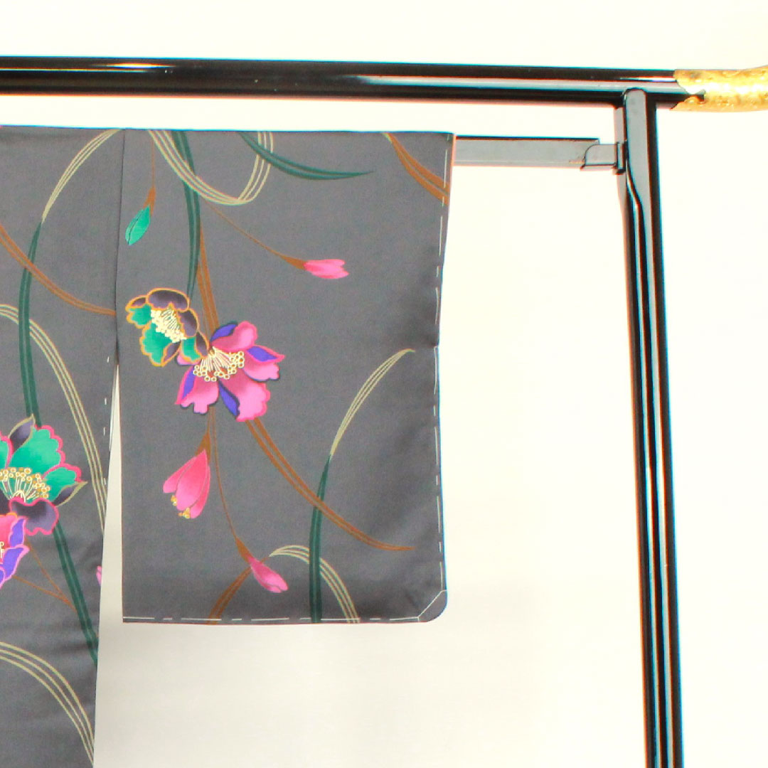 小紋 身丈158.5cm 裄丈64cm 袷 鋼色 しつけ糸付き 未使用品 手描き 京友禅 草花模様 正絹 Sランク グレー系 1115002902322