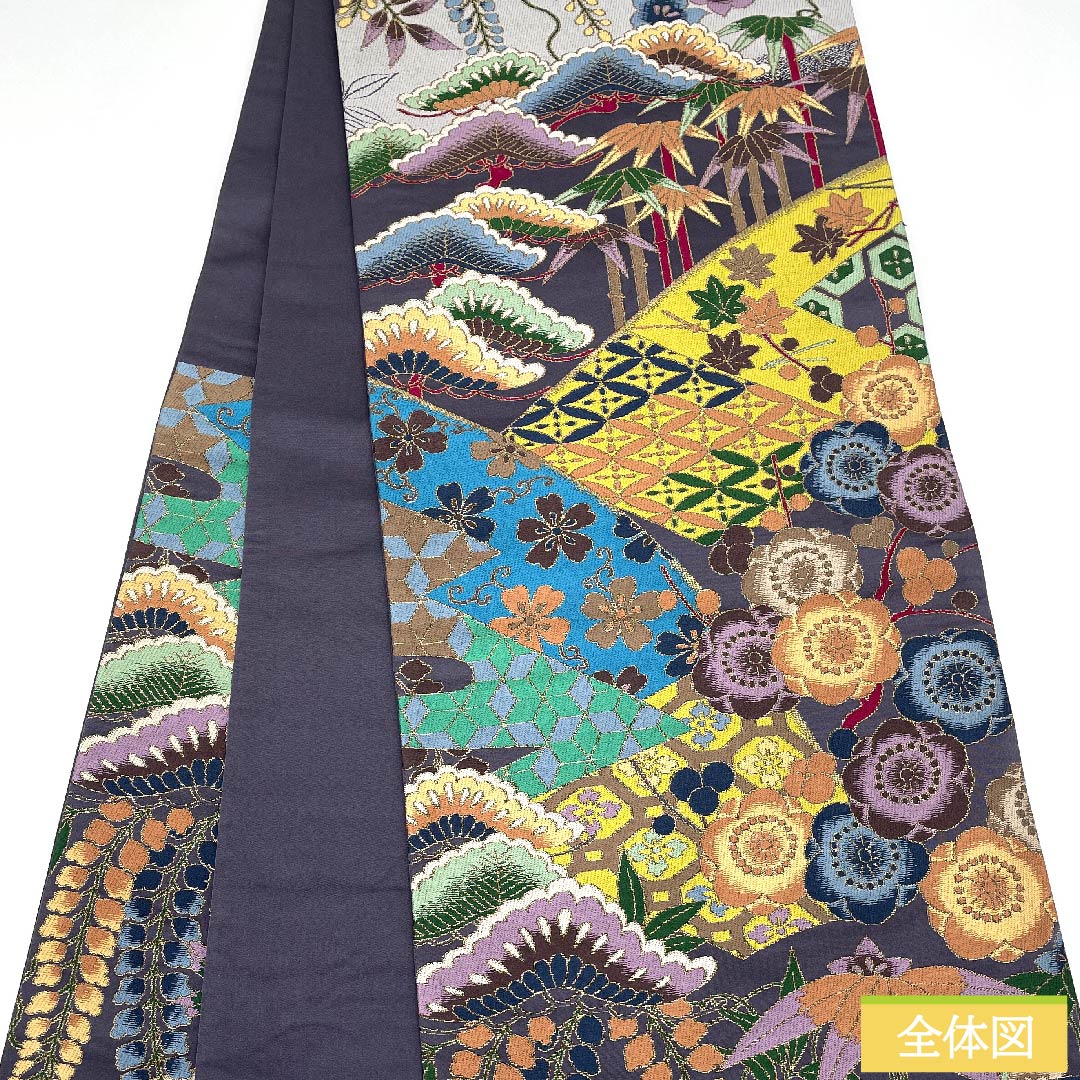 袋帯 桔梗鼠色(ききょうねずいろ) 白綾苑大庭 菱 松竹梅文様 振袖用 帯丈443cm 正絹 Sランク 六通 フォーマル 紫系 1123009582320