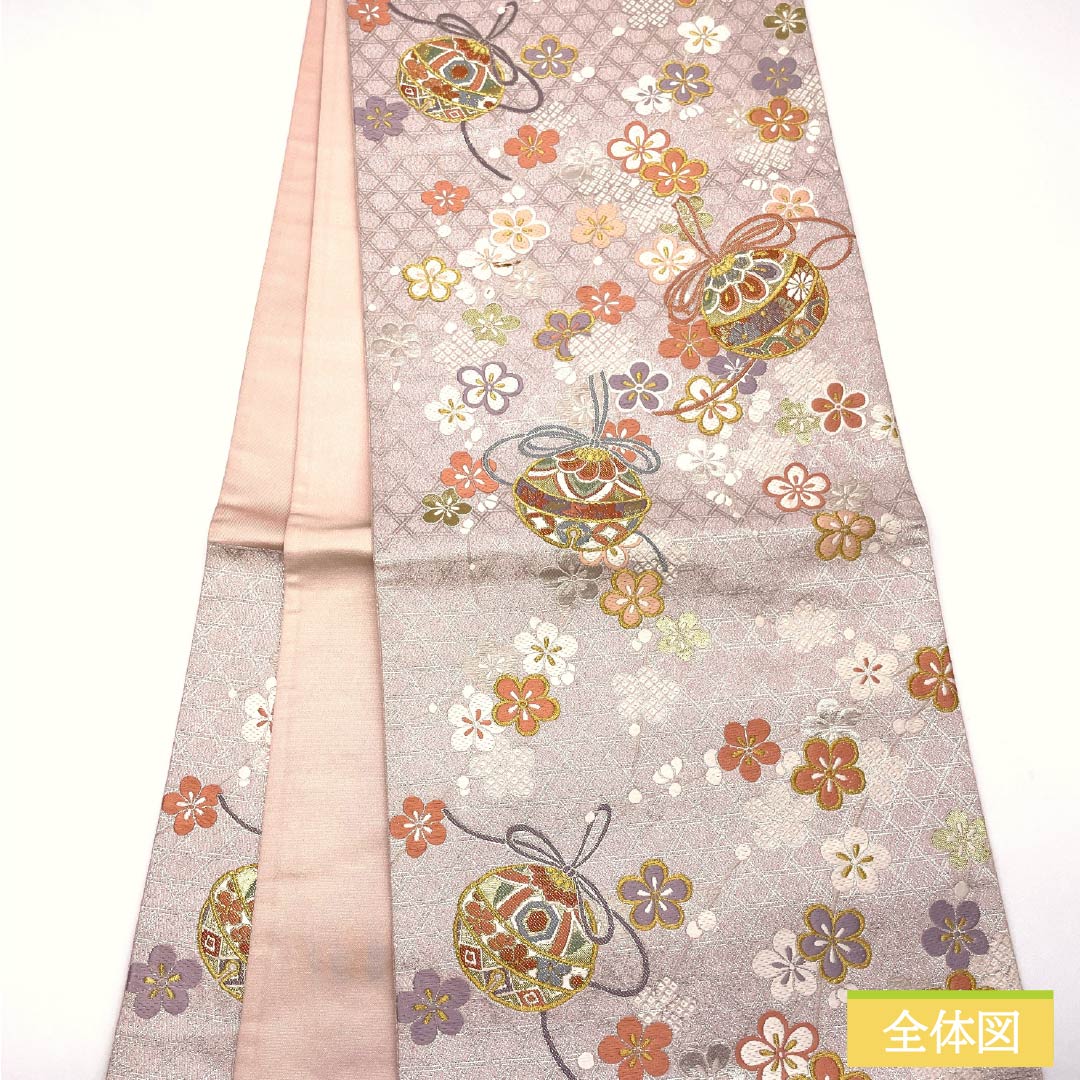 袋帯 正絹 退紅色(あらそめいろ) 振袖用 毬 花模様 帯丈436cm Aランク 六通 フォーマル ピンク系 1123014703313