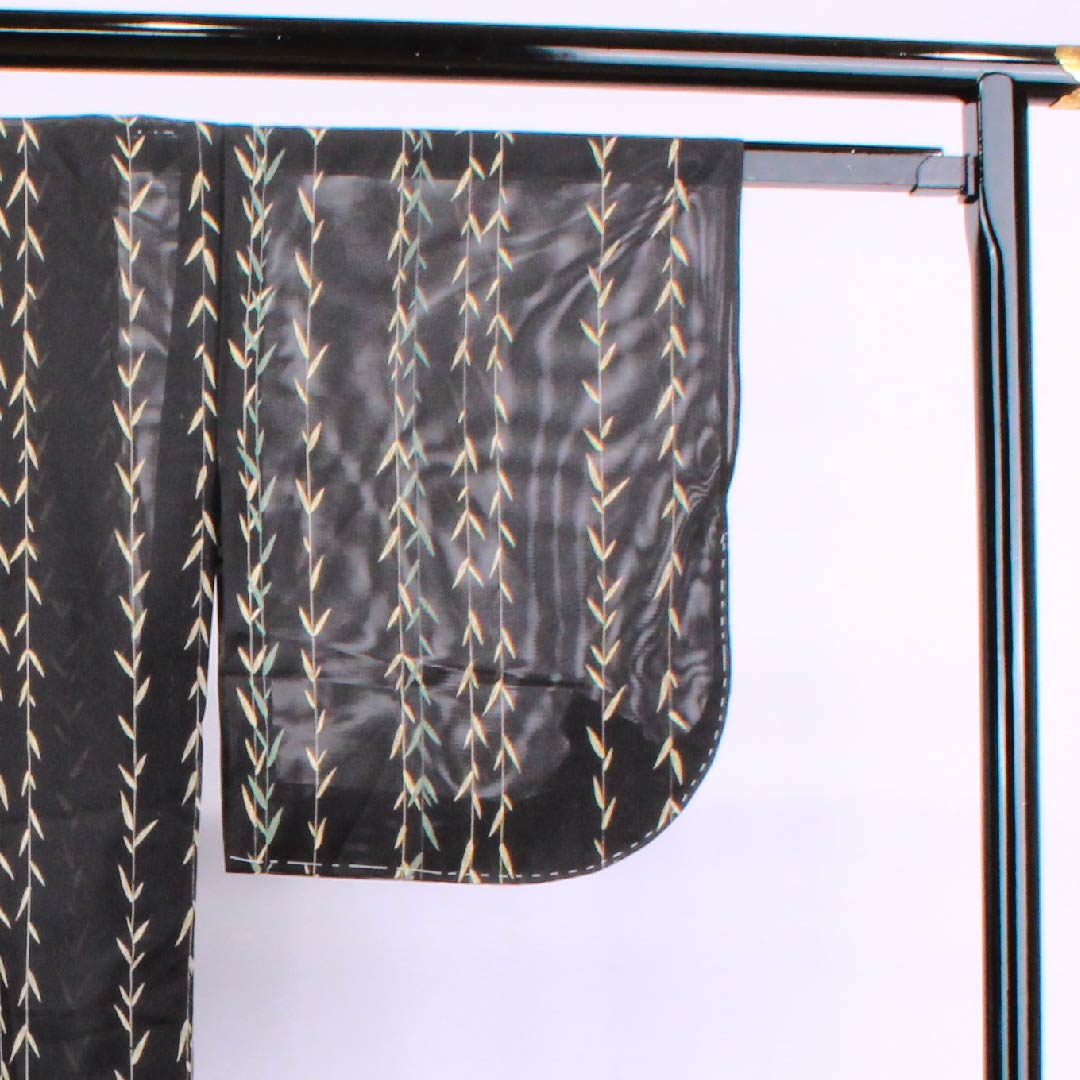 Summer item, polyester, small pattern, length 162cm, sleeve length 66cm, black, bamboo, with lining, unused, silk, A rank, black, 1132000233410